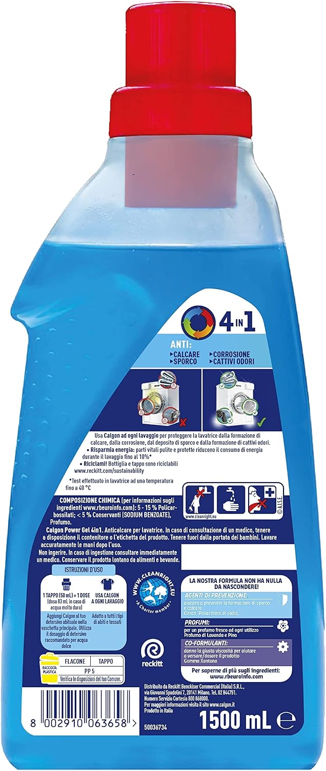 Calgon Power Gel Anticalcare Lavatrice 4 in 1, Anticalcare per Lavatrici, Additivo Anticalcare per Capi Morbidi, 1.5l di Additivo per…
