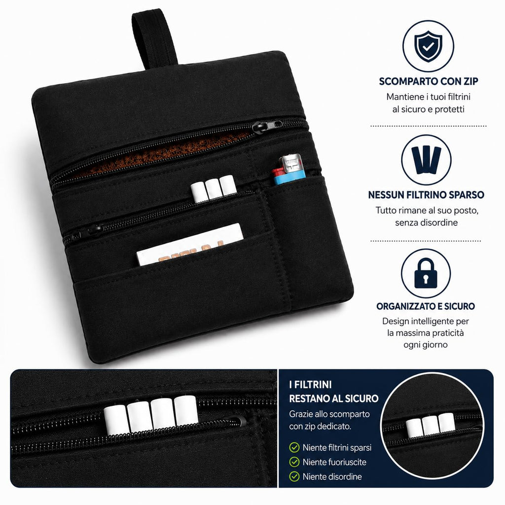 Russo Handmade Portatabacco Artigianale in Tessuto con Doppia Zip, 4 Scomparti Porta Cartine e Filtri, Nero