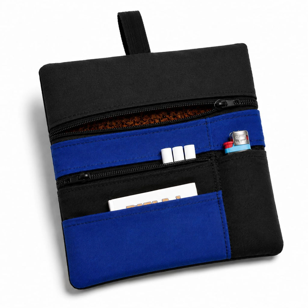 Russo Handmade Portatabacco Artigianale in Tessuto con Doppia Zip, 4 Scomparti Porta Cartine e Filtri, Nero