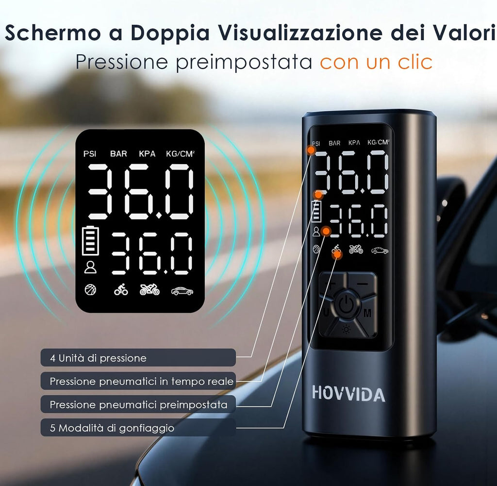 HOVVIDA Compressore Aria Portatile, Compressore Portatile, Compressore Portatile Moto, 150 PSI (10,3 Bar) 5V, Inflazione…