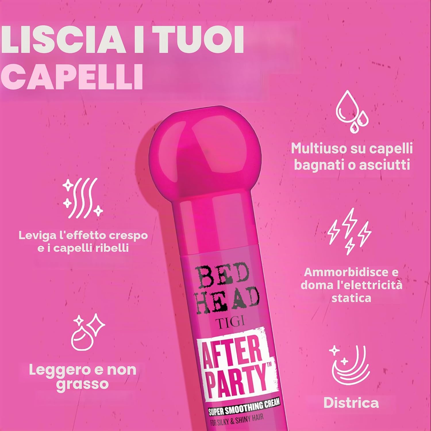 Bed Head by TIGI After Party Crema Lisciante, 100ml | Crema styling anti-crespo con olio di ricino per capelli bagnati o asciutti,…