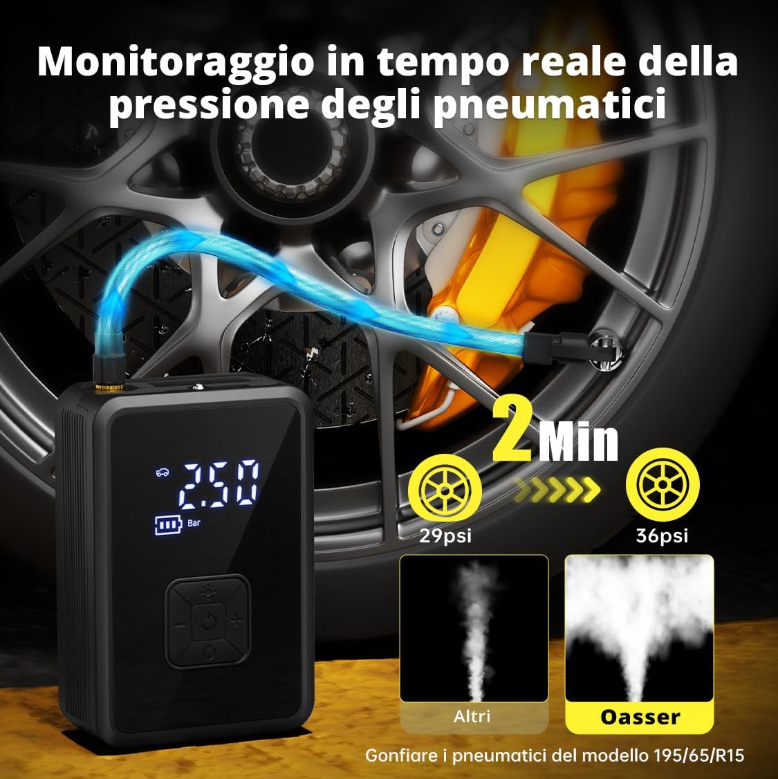 Oasser Mini Compressore Aria Portatile Auto, 150PSI (10,3Bar) Cilindro 17 mm con Schermo LCD Digitale e Torcia LED Type-C…