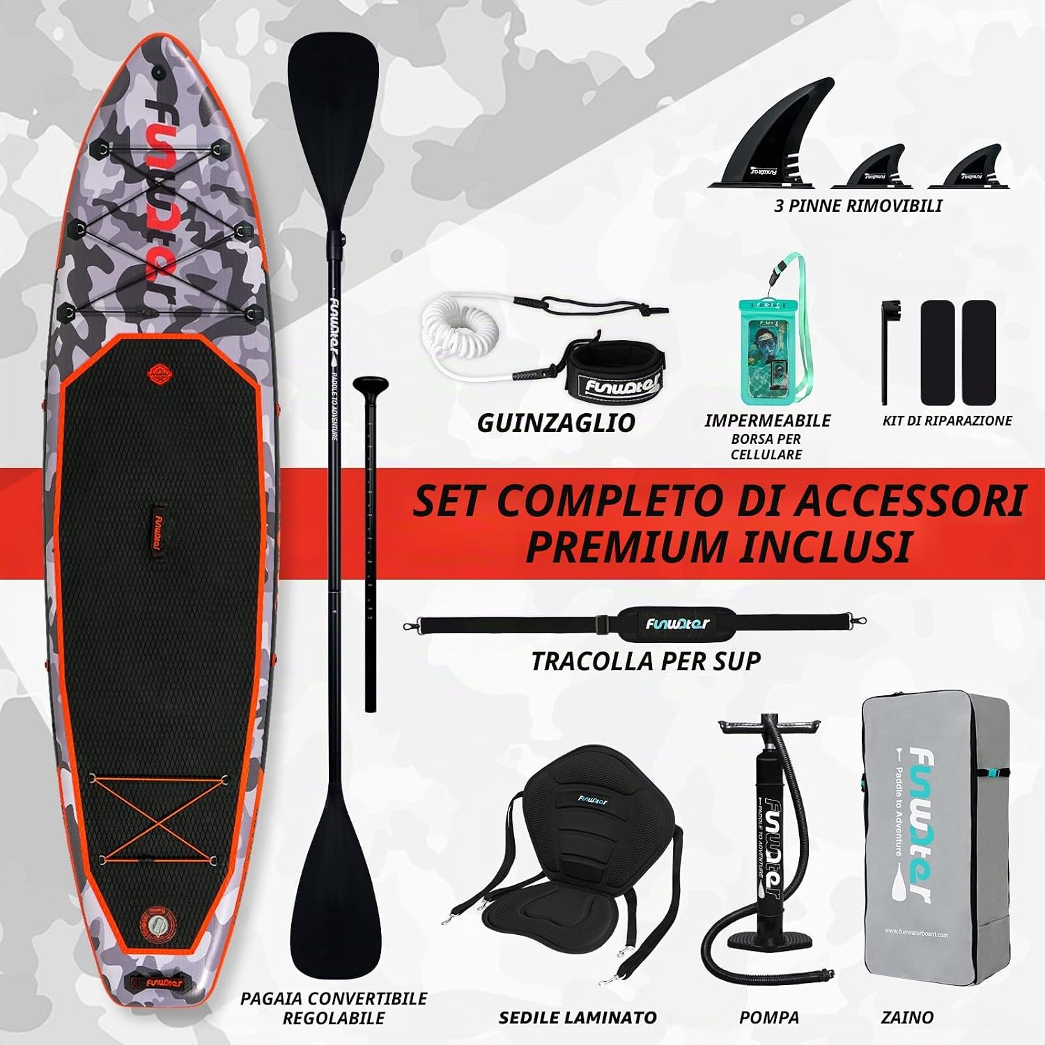 FunWater Sup Gonfiabile Portatile: Tavola Gonfiabile, Pinne, Pompa, Pagaia, Zaino e Guinzaglio di Sicurezza-Ideale per Adulti e…