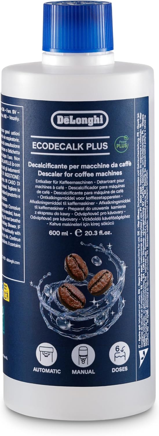 Image of a person holding the De'Longhi EcoDecalk Decalcificante bottle with a smiling face.