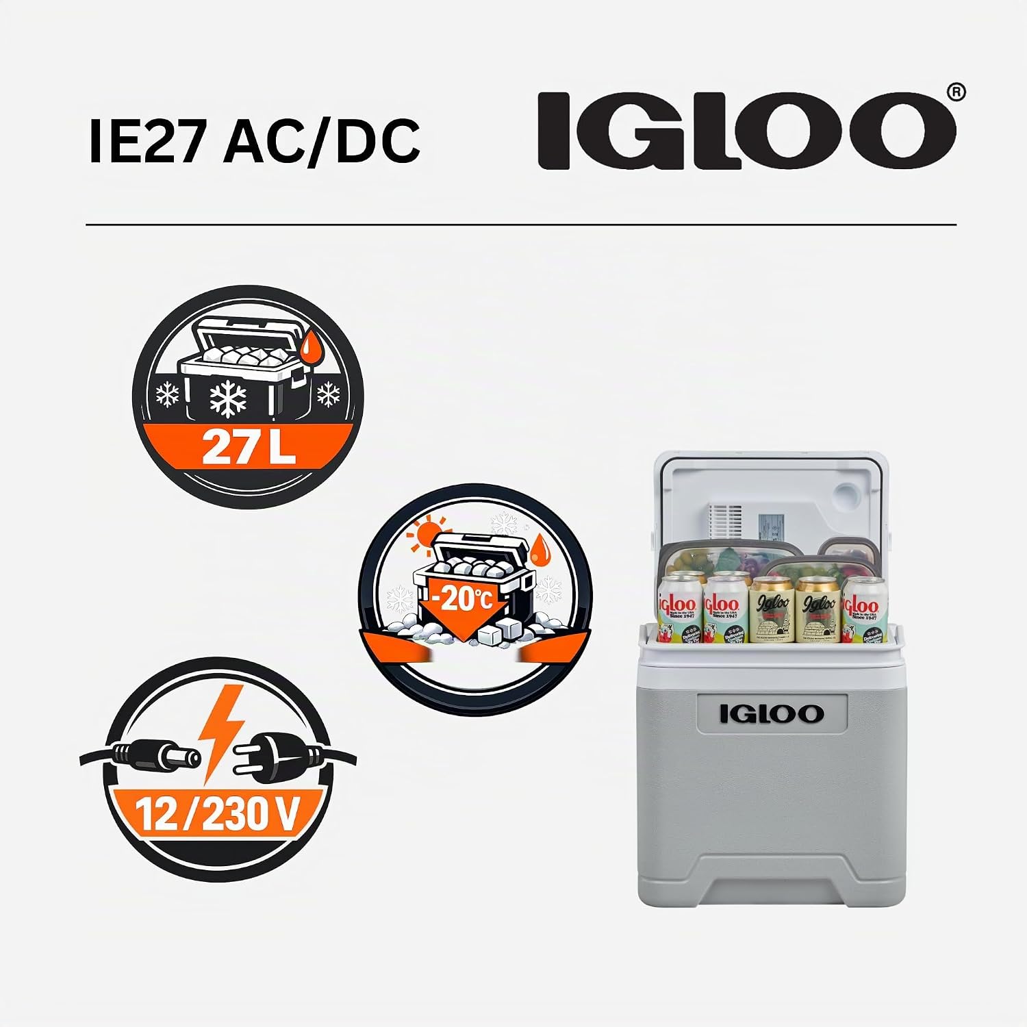 IGLOO IE27 Frigo Elettrico, 12V e 230V, 27L – Mini Frigorifero Compatto per Auto, Campeggio, Viaggi, Barca e Festival –…