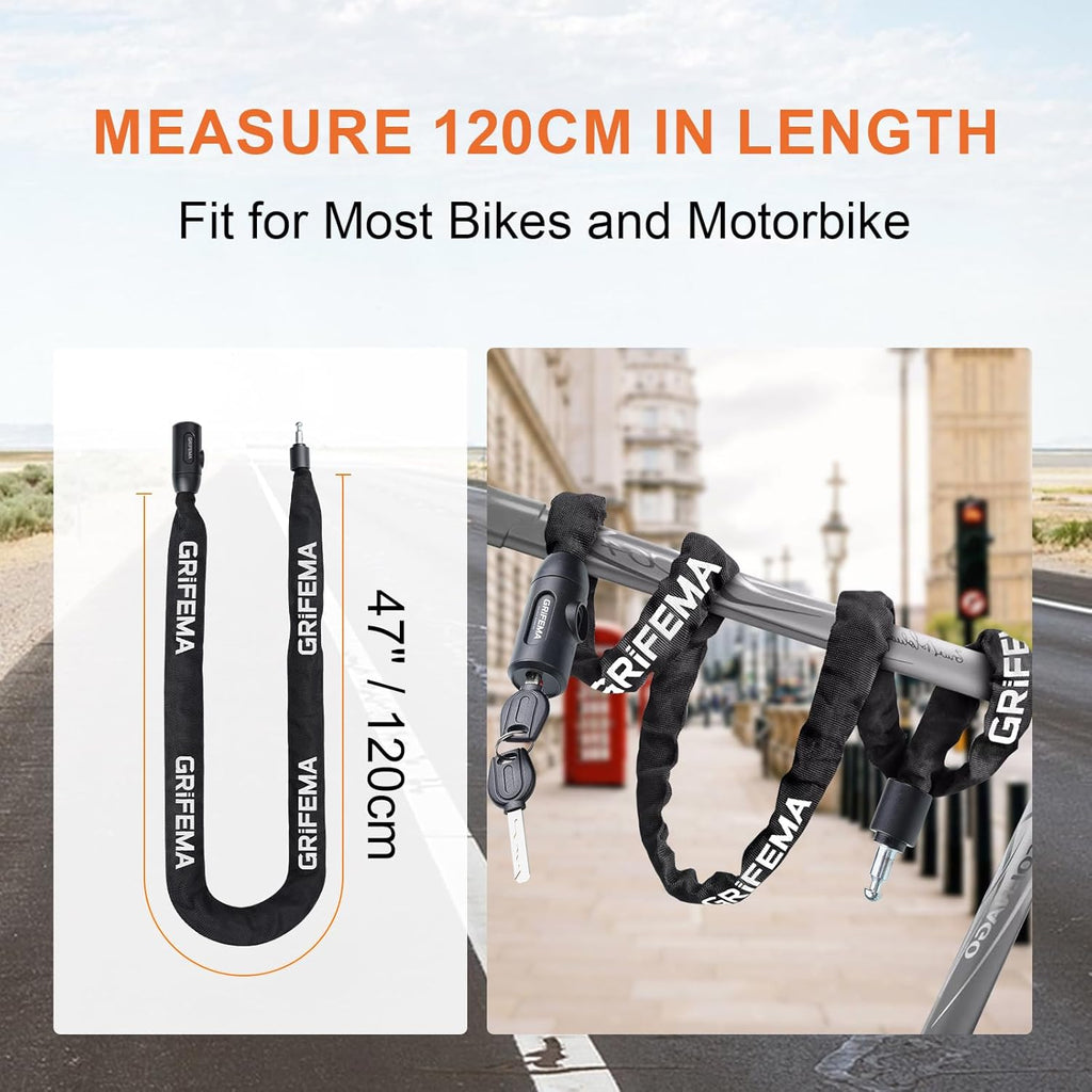 Lucchetto per bici GRIFEMA lungo 120 cm, ideale per legare comodamente diversi tipi di veicoli a due ruote.