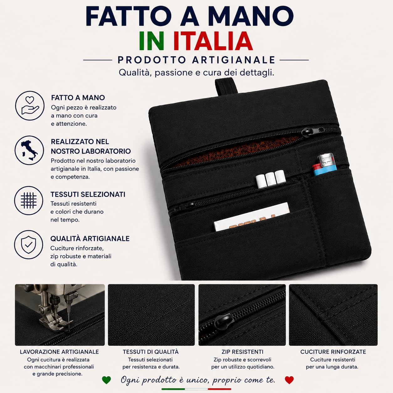 Russo Handmade Portatabacco Artigianale in Tessuto con Doppia Zip, 4 Scomparti Porta Cartine e Filtri, Nero