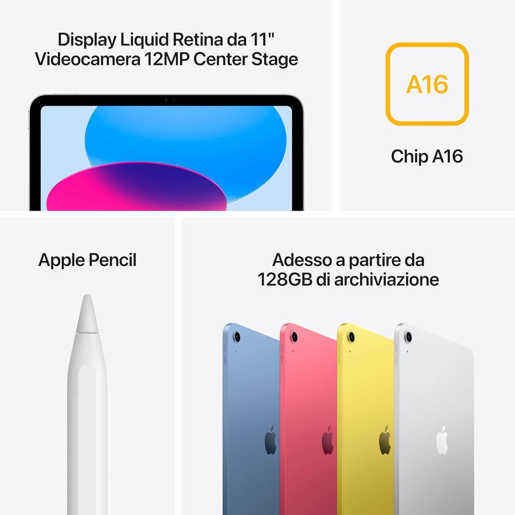 Apple iPad con chip A16: display Liquid Retina da 11'', 128 GB, Wi Fi 6, fotocamera frontale e…