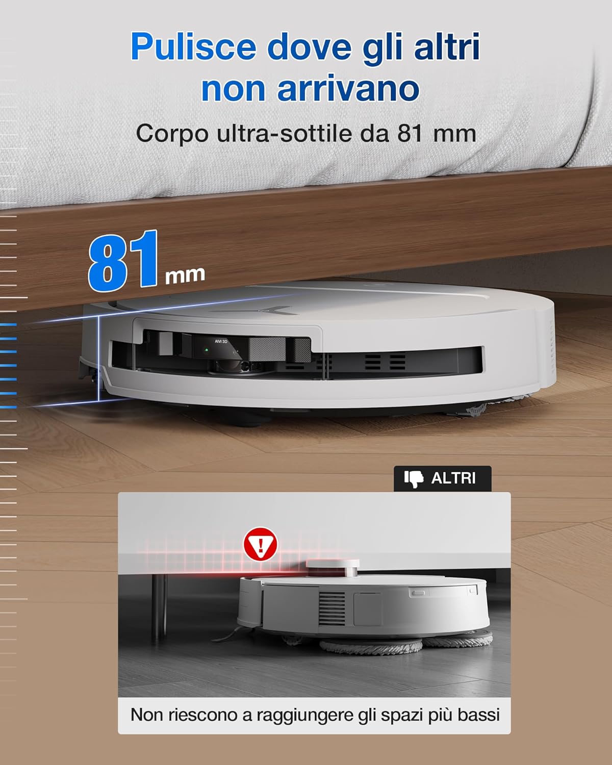 Dettaglio della spazzola anti-groviglio del robot ECOVACS DEEBOT T50 OMNI con potenza di aspirazione da 21000 Pa.