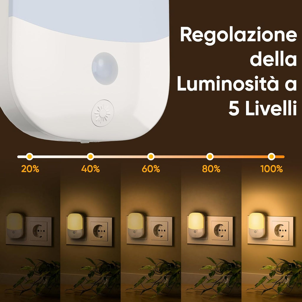[2 Pezzi] Luce Notturna da Presa con Sensore Crepuscolare, 5 Livelli Dimmerabile, 3000K Bianco Caldo, Modalità ON/OFF/Auto, LED…