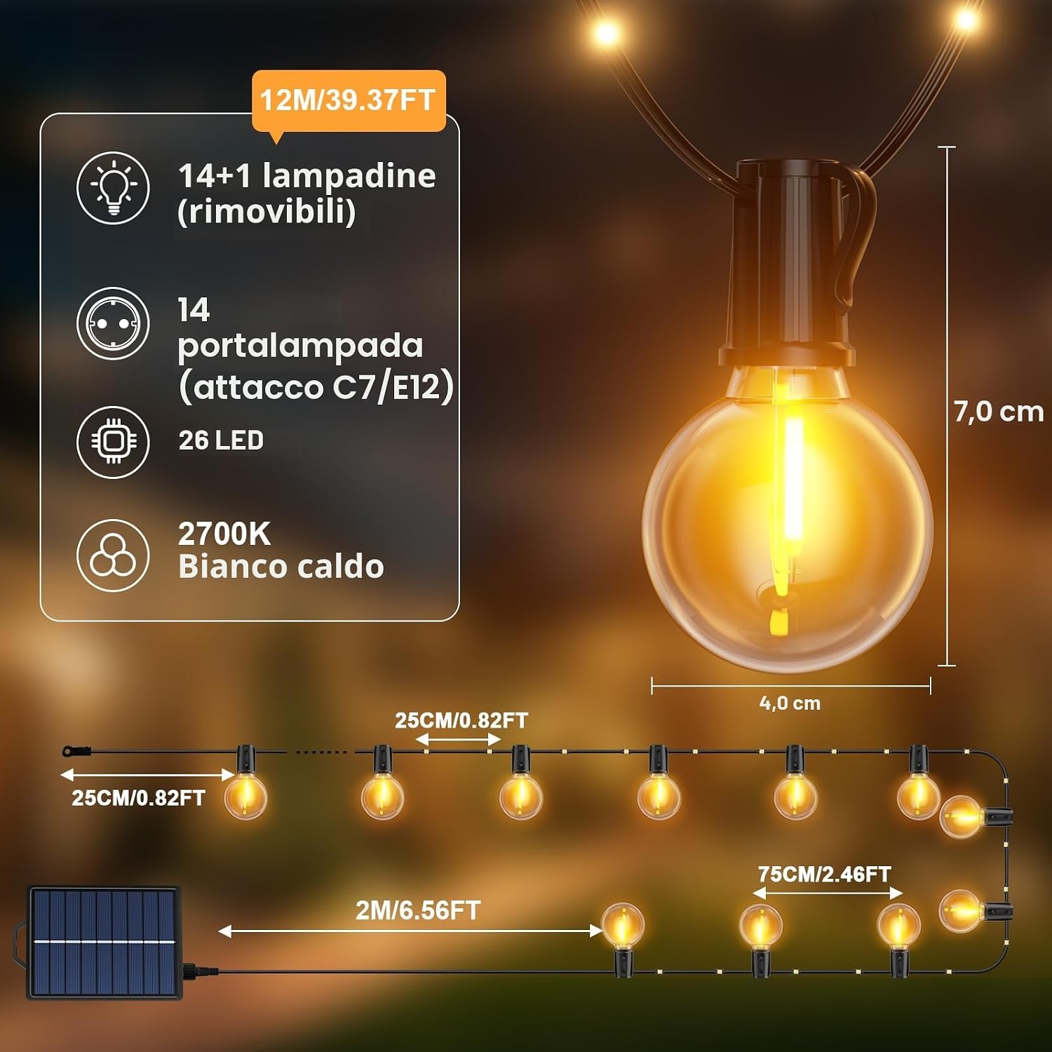 Catena Luminosa Esterno Solare 12M 14+1 G40 Lampadine LED Luci Solari per Esterni 19 Modalità Impermeabile Luci Solari Esterno…