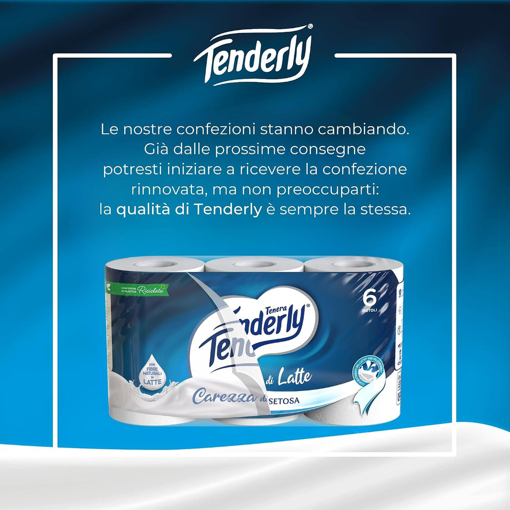 Tenderly Carezza di Latte, 6 Rotoli di Carta Igienica Morbidissima 2 Veli, Realizzata con Fibre 100% Naturali di Latte, Made in Italy