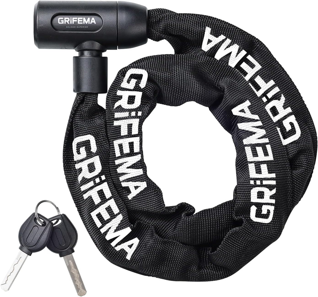 Lucchetto antifurto per bicicletta GRIFEMA nero da 120 cm con catena in acciaio e chiavi di sicurezza.