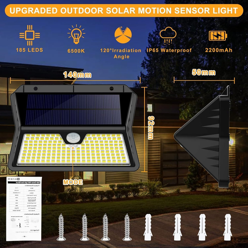 Luce Solare LED Esterno, Faretto LED da Esterno con Sensore di Movimento, 185 LED/ 3 Modos Lampada Solare da Esterno, IP65…