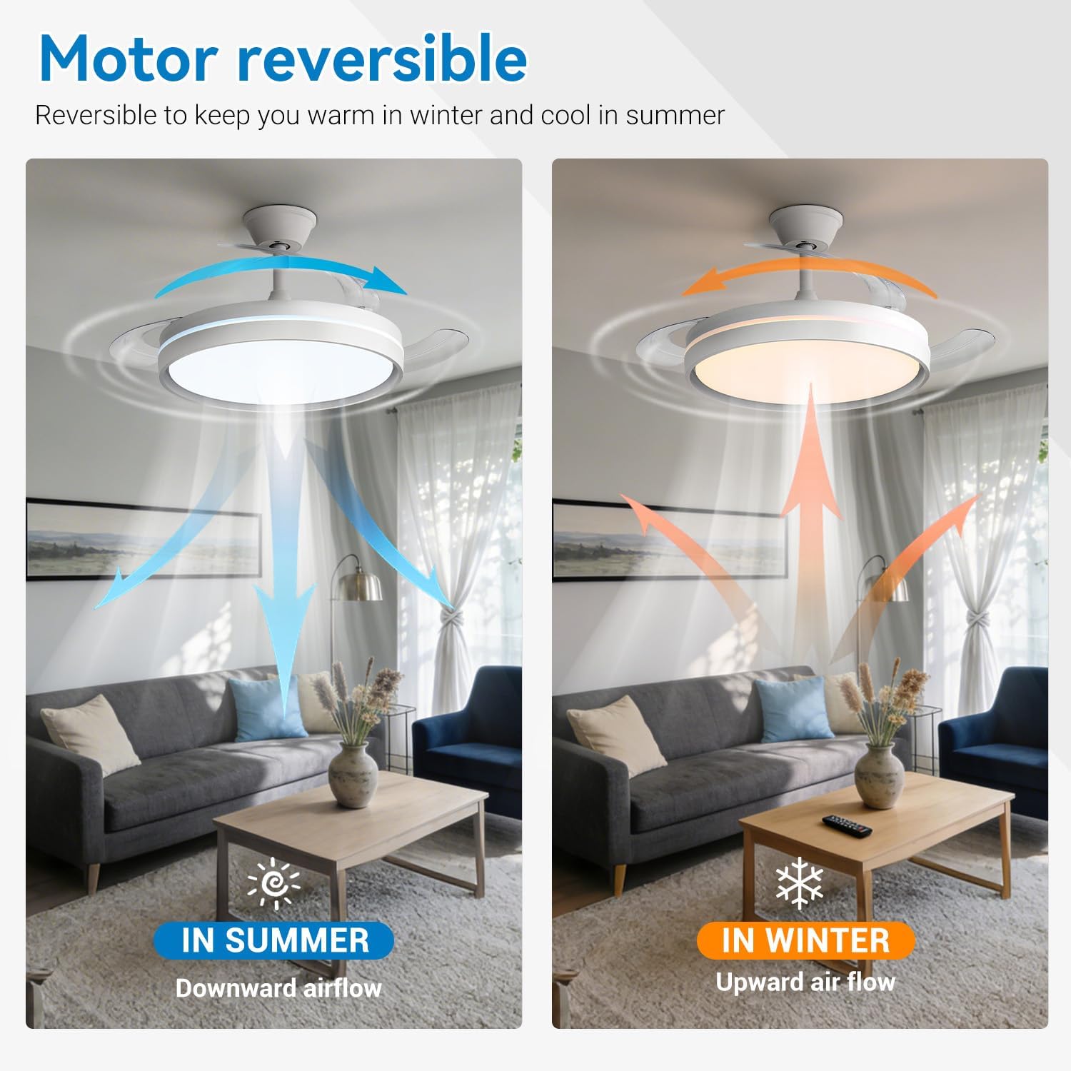EXTRASTAR 106cm Ventilatore da Soffitto con Luce e pale retrattili, Silenzioso Lampada Ventilatore…