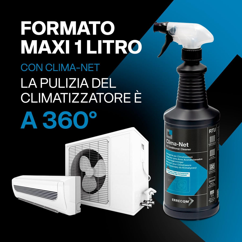 Errecom Clima-Net, Maxi Formato 1 Litro, Detergente per Climatizzatori, Filtri, Batterie Alettate, Deflettori e Unità esterne, Pulizia Profonda…