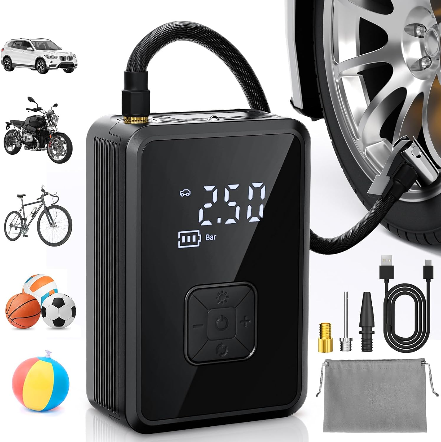 Oasser Mini Compressore Aria Portatile Auto, 150PSI (10,3Bar) Cilindro 17 mm con Schermo LCD Digitale e Torcia LED Type-C…