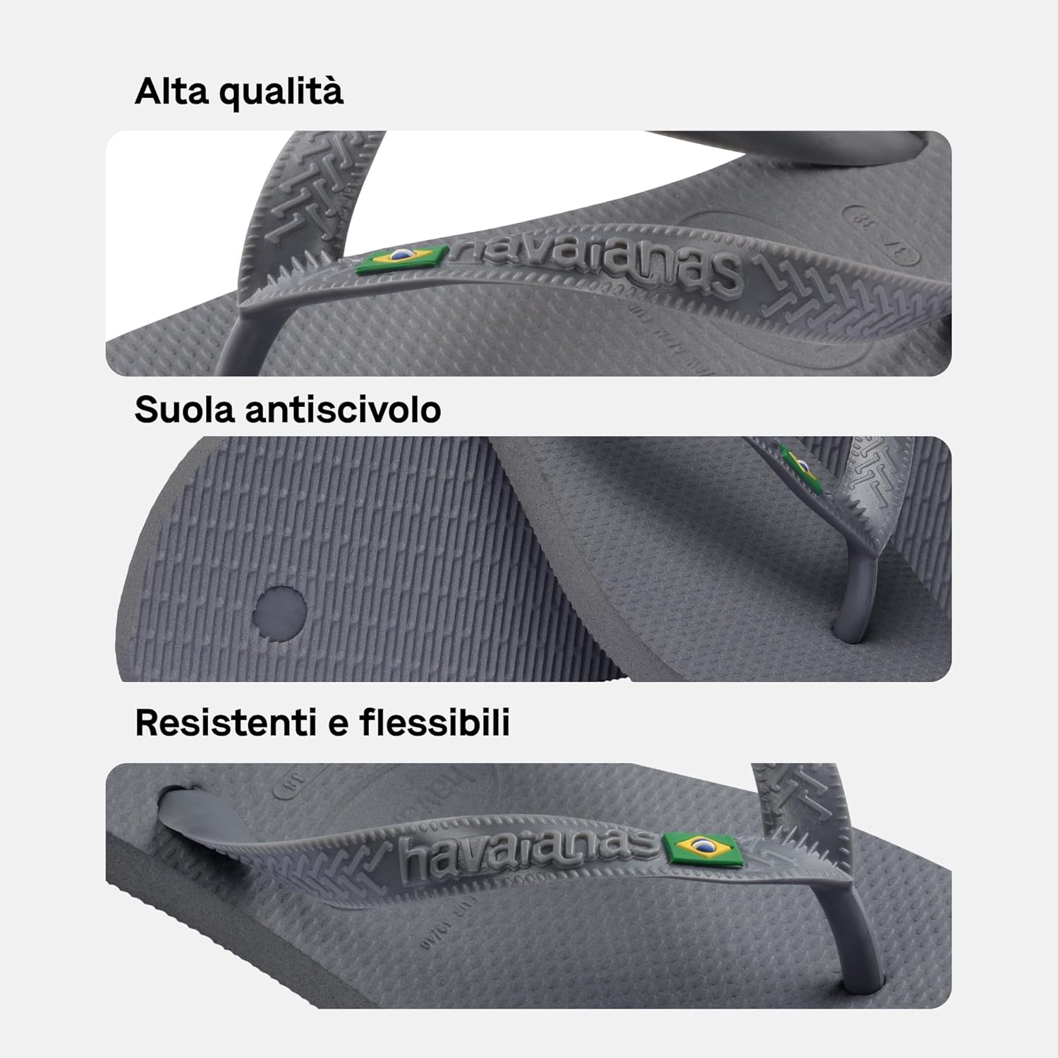 Dettaglio della suola antiscivolo con motivo a grana di riso delle infradito Havaianas Top Brasil.