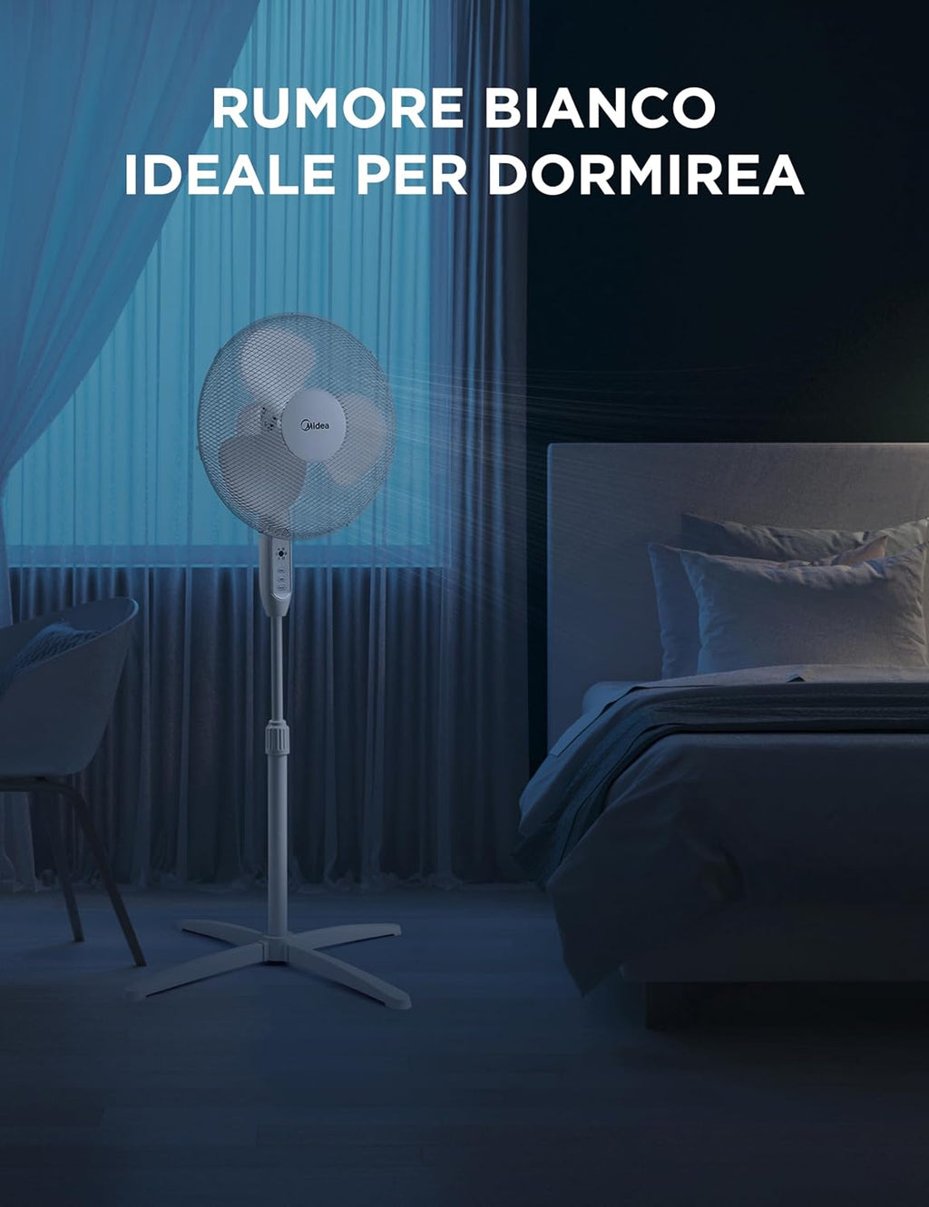 Side view of Midea MFS400M0APW0 fan in white room background