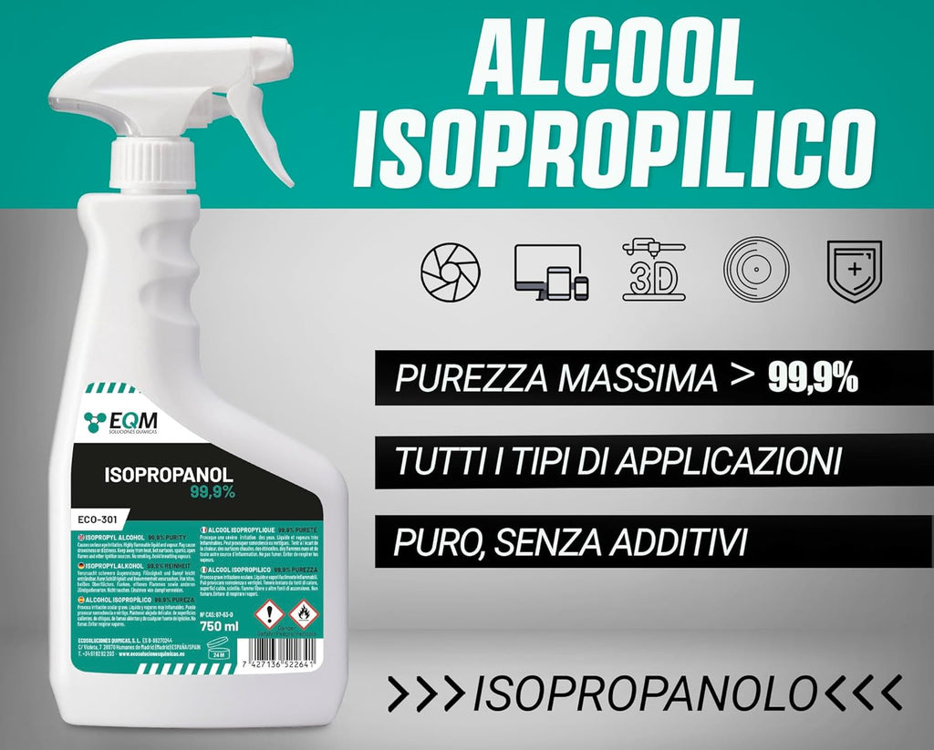 EQM - ECO-301 - Isopropanolo / Alcool Isopropilico 99,9% - 750 ML - Pulizia di Componenti Elettronici, Lenti, Schermi e Resine per…