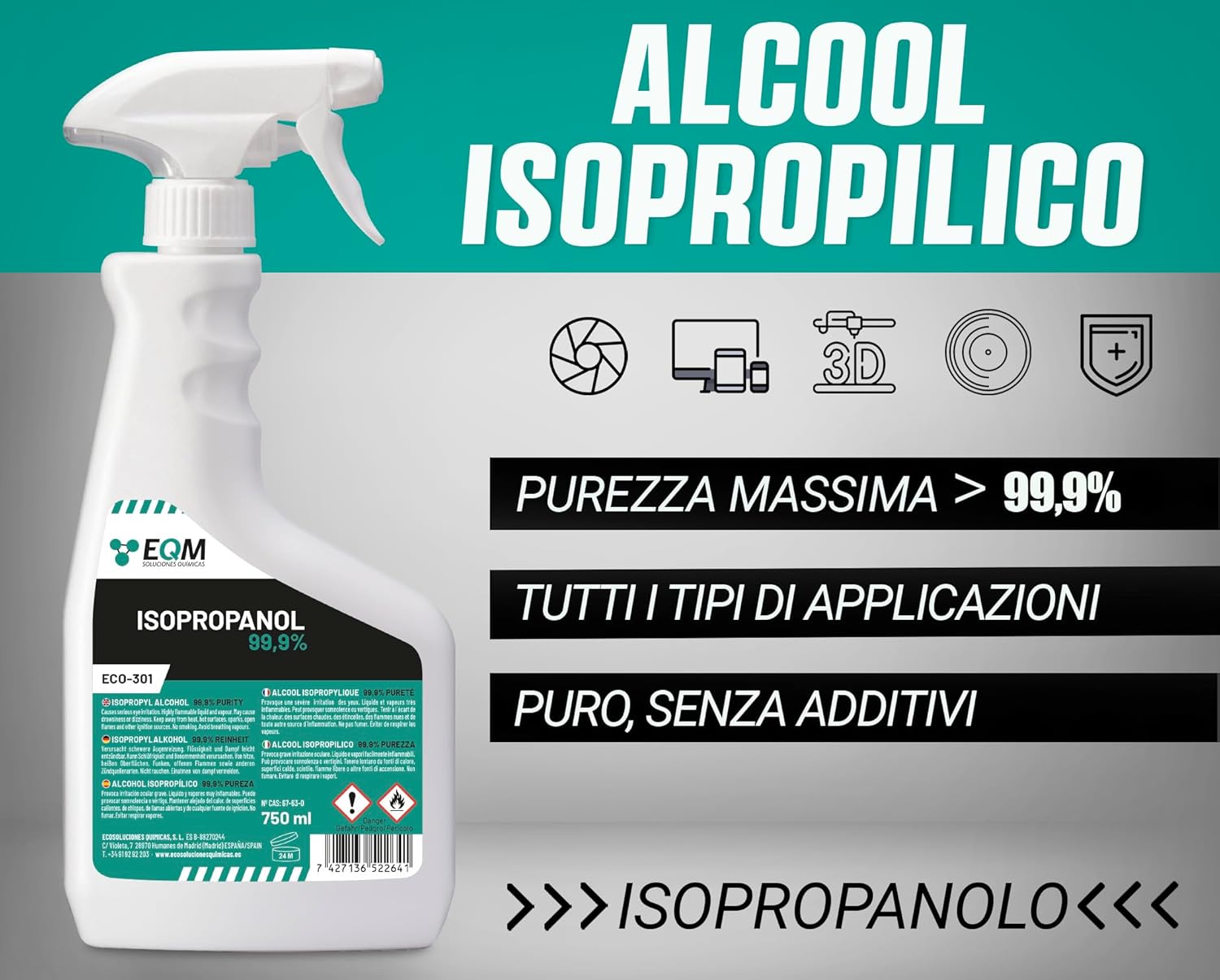 EQM - ECO-301 - Isopropanolo / Alcool Isopropilico 99,9% - 750 ML - Pulizia di Componenti Elettronici, Lenti, Schermi e Resine per…