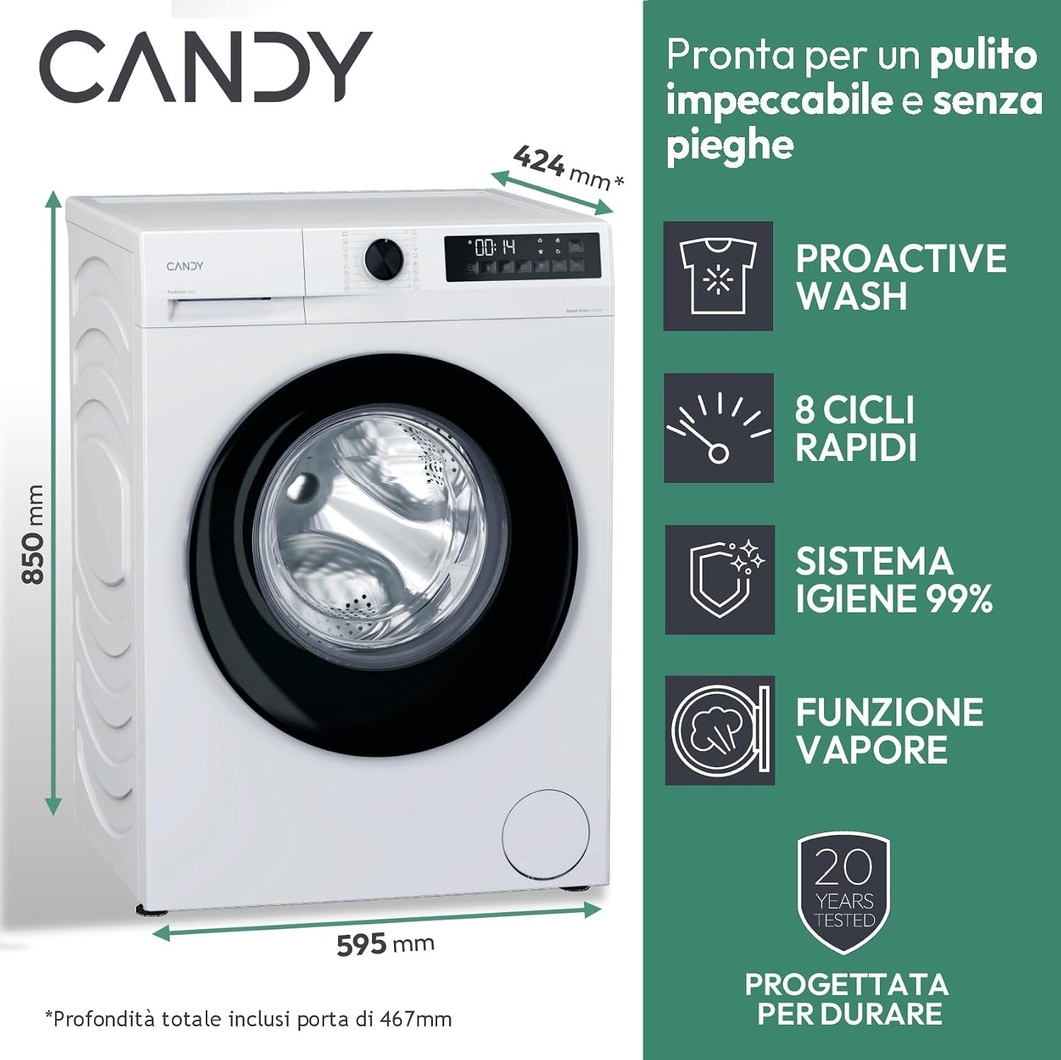 Candy ProWash 300 Lavatrice Slim 7 Kg, 1200 Giri, Classe A-15%, Bianca | Motore Inverter, Cicli…