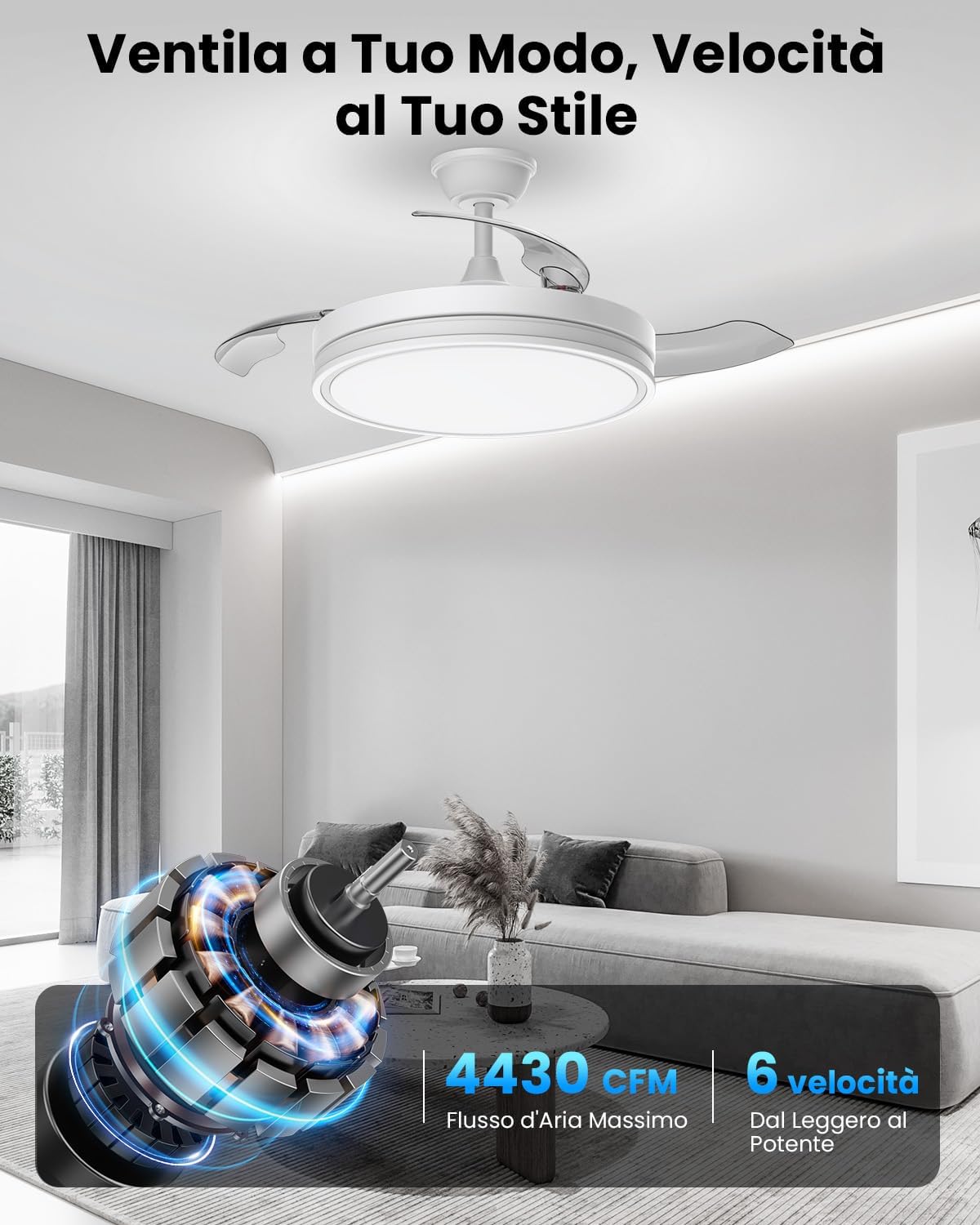Airwit 106cm Ventilatore da Soffitto con Luce e pale retrattili, Silenzioso Lampada Ventilatore da Soffitto…