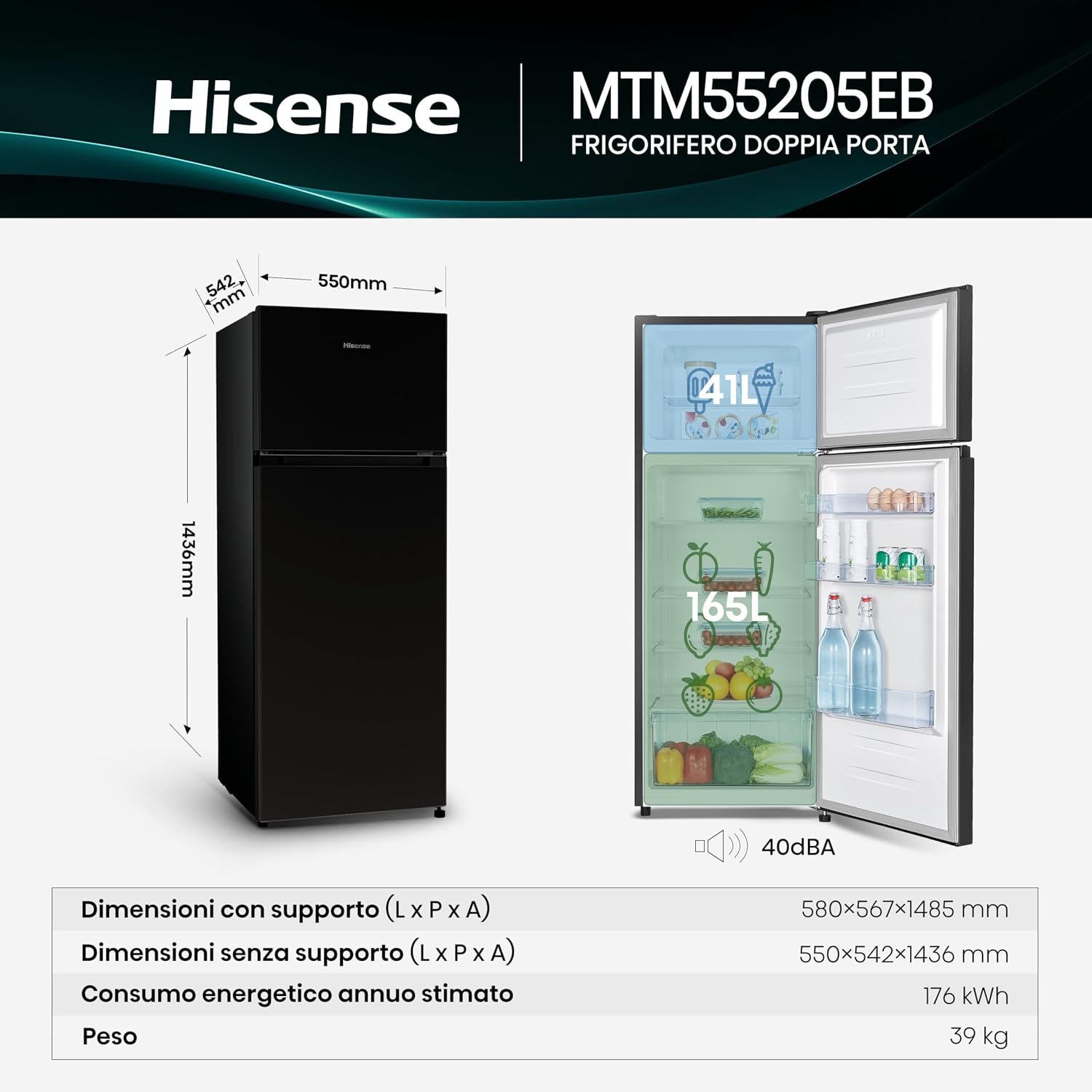 Hisense MTM55205EB Frigorifero Doppia Porta, Libera installazione, Capacità netta 206 L, Nero,…