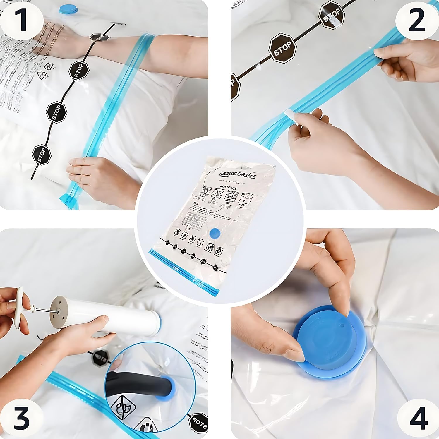Amazon Basics Sacchetti sottovuoto con Pompa a Mano, Cerniera, Misura Grande, Confezione da 5, Trasparente