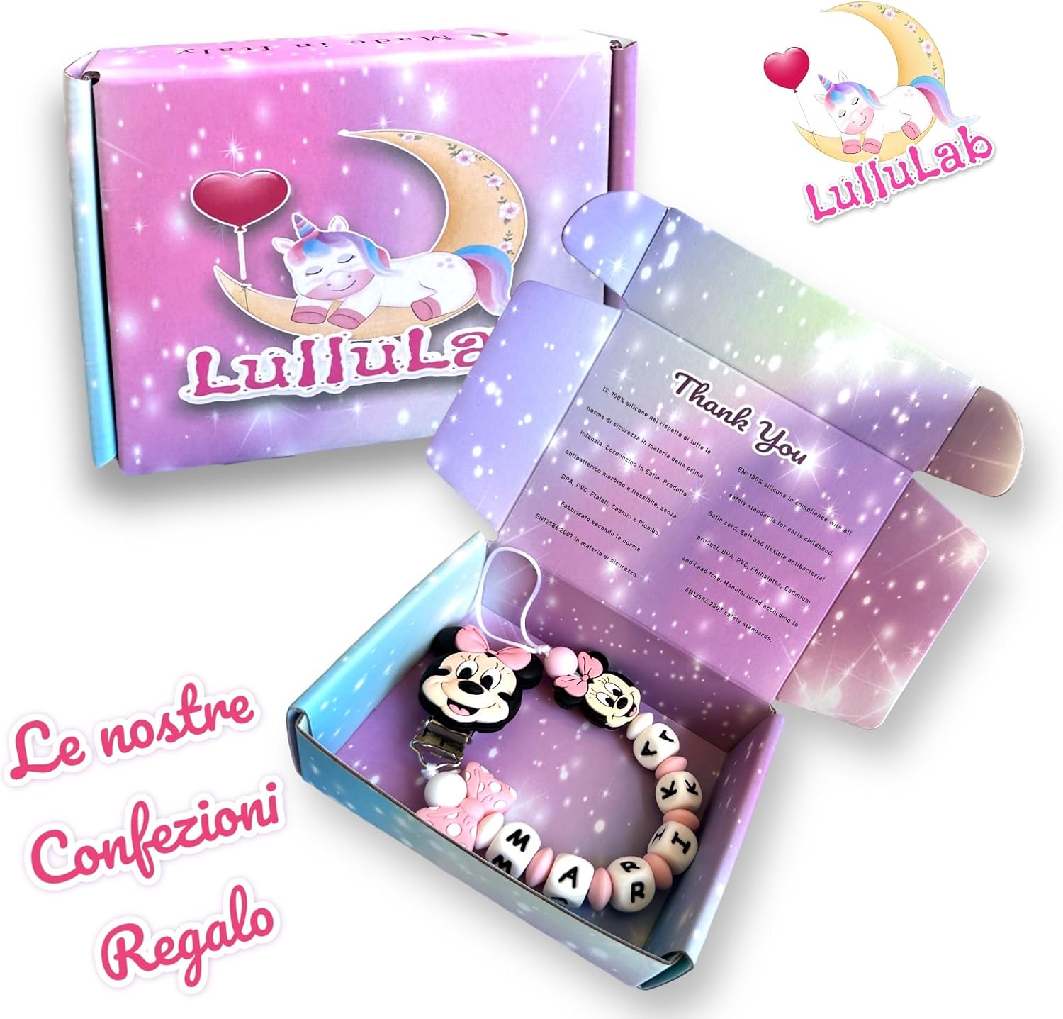 Dettaglio della clip anticaduta in legno della catenella portaciuccio personalizzata per neonati.