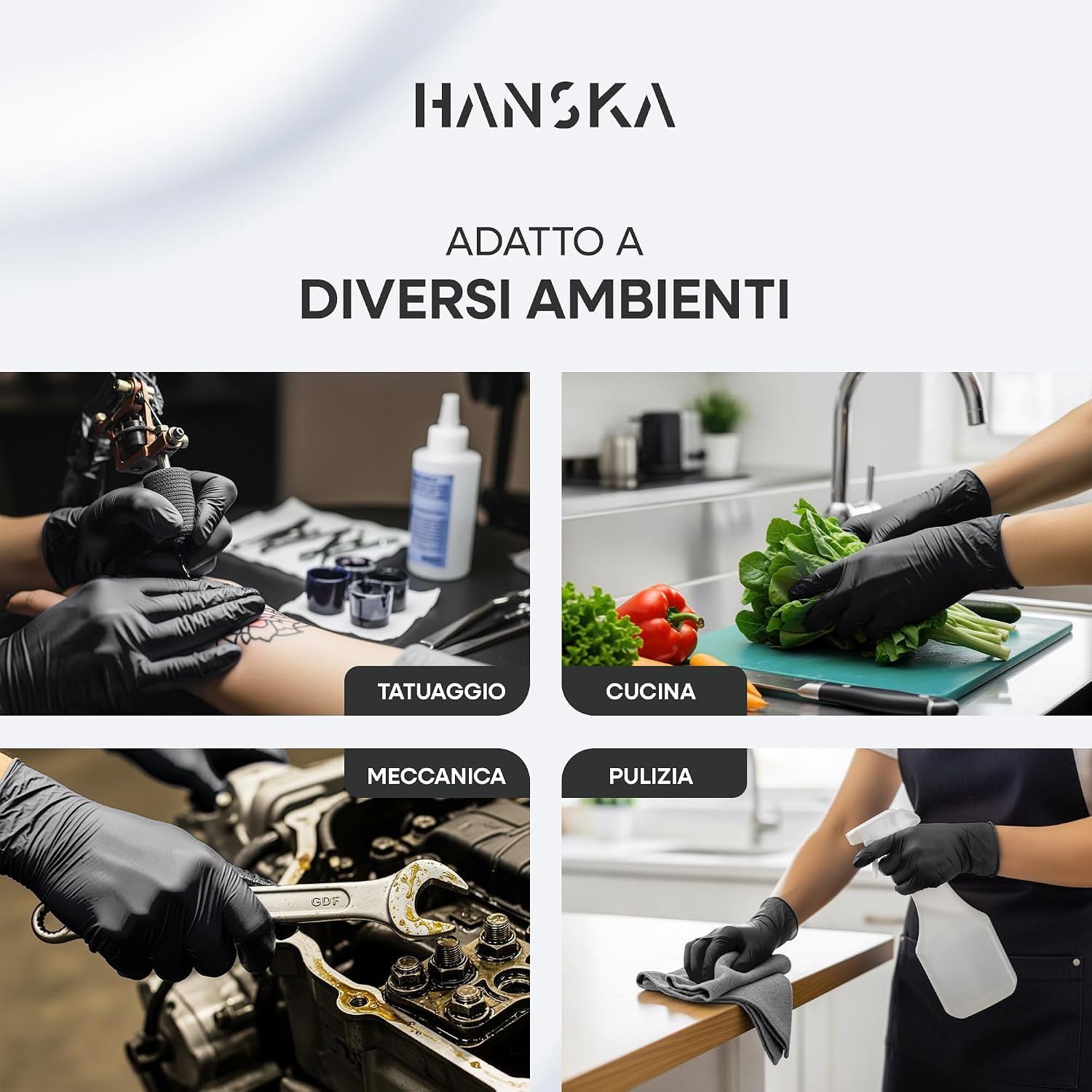 Test di elasticità e resistenza alla trazione su un guanto in nitrile nero HANSKA senza polvere.