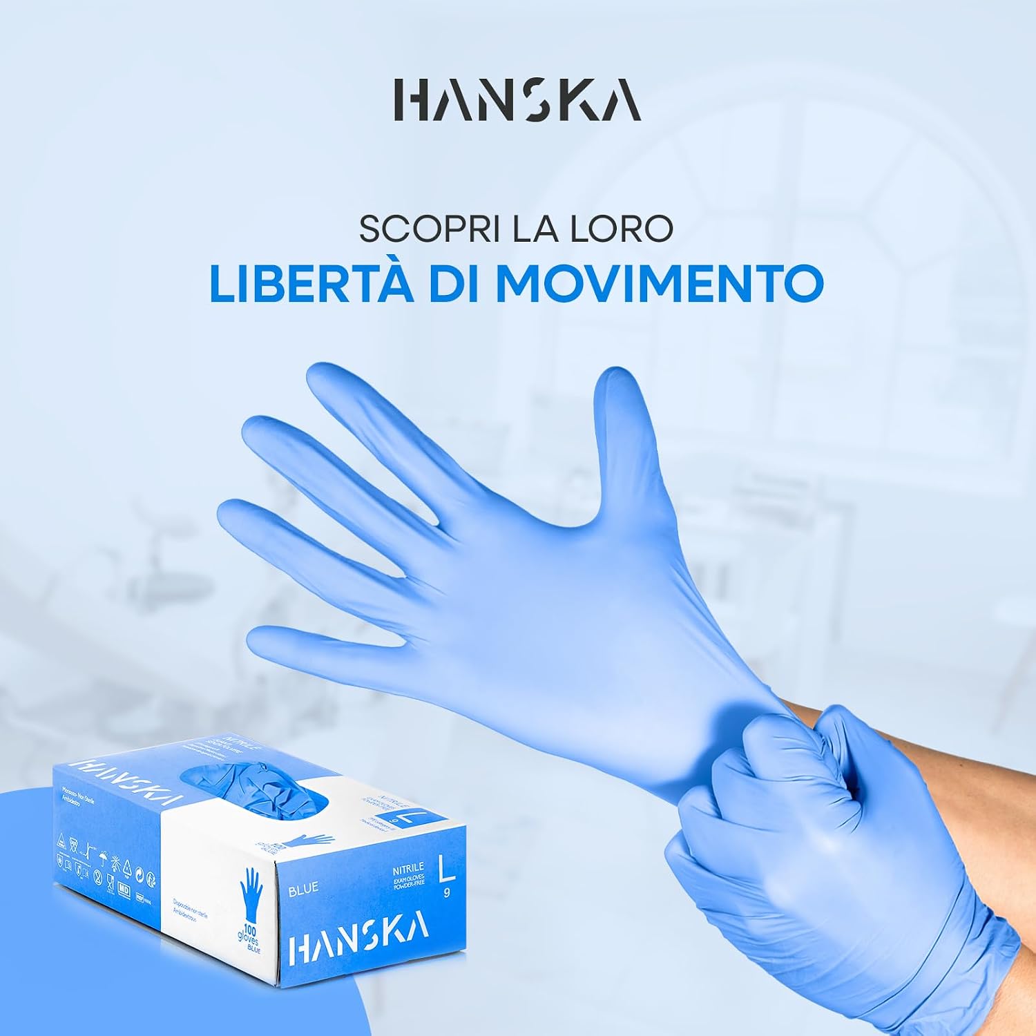 HANSKA 100 Guanti Monouso Nitrile Blu - Senza Polvere - Usa e Getta- Ambidestri - Non Sterili - Base di Gomma - Adatti per…
