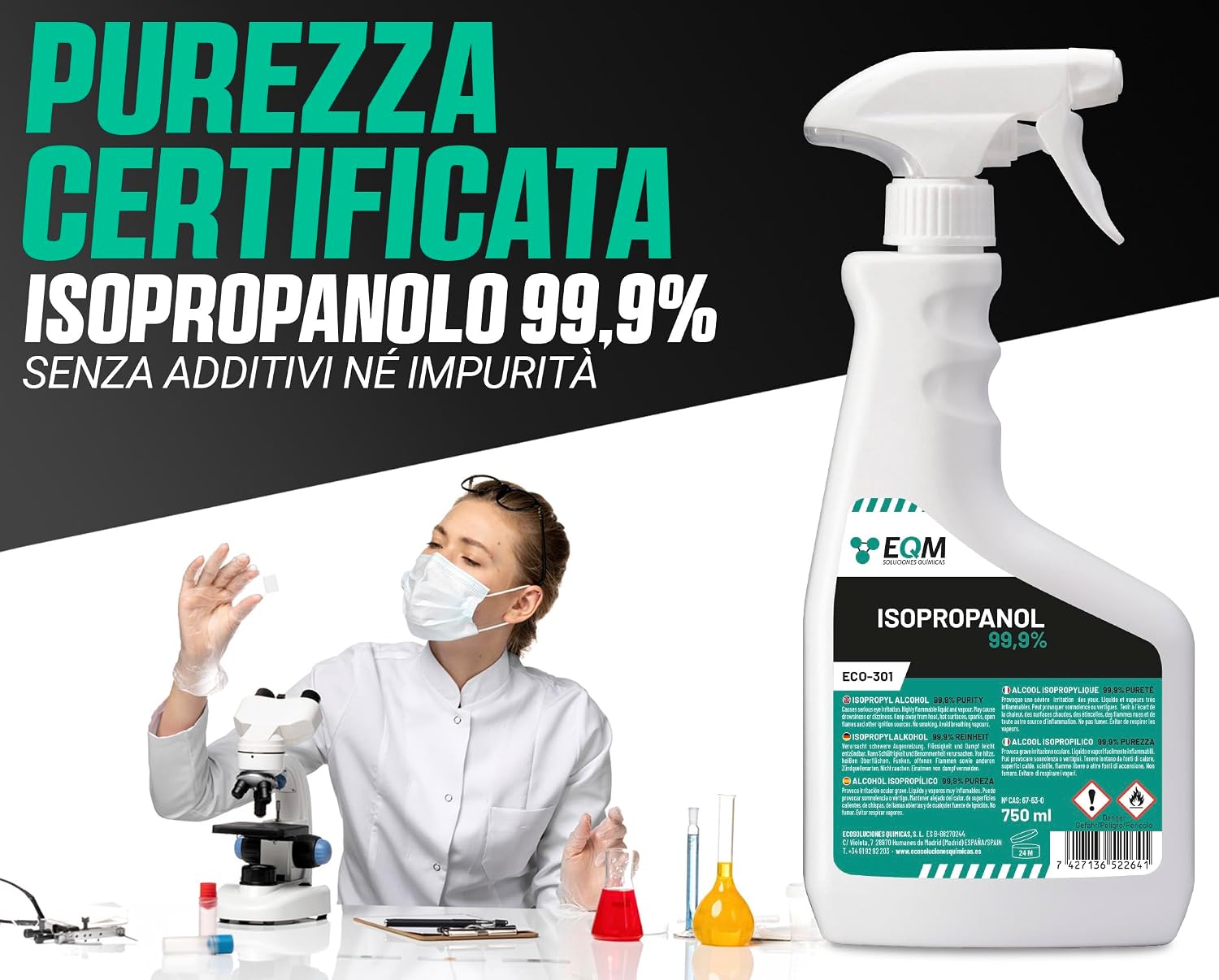 EQM - ECO-301 - Isopropanolo / Alcool Isopropilico 99,9% - 750 ML - Pulizia di Componenti Elettronici, Lenti, Schermi e Resine per…