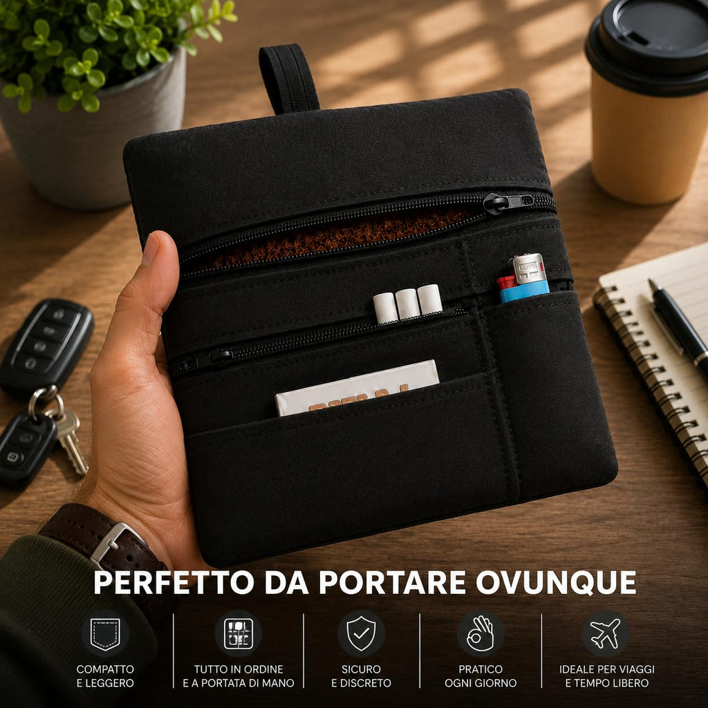 Russo Handmade Portatabacco Artigianale in Tessuto con Doppia Zip, 4 Scomparti Porta Cartine e Filtri, Nero