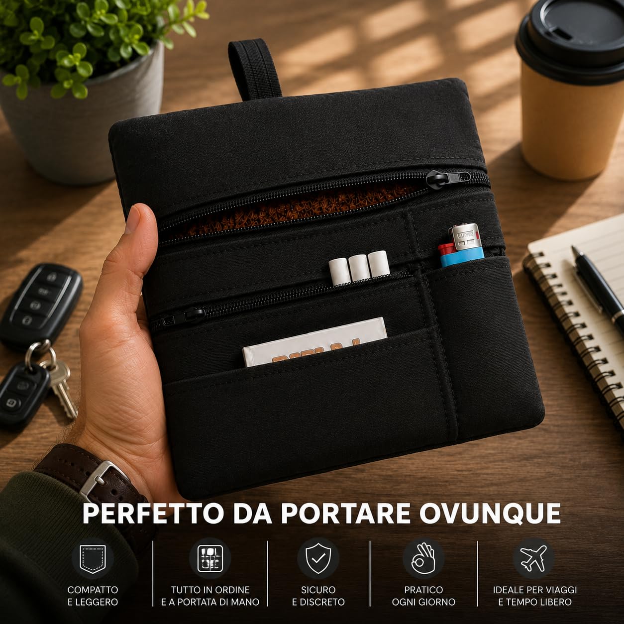 Russo Handmade Portatabacco Artigianale in Tessuto con Doppia Zip, 4 Scomparti Porta Cartine e Filtri, Nero