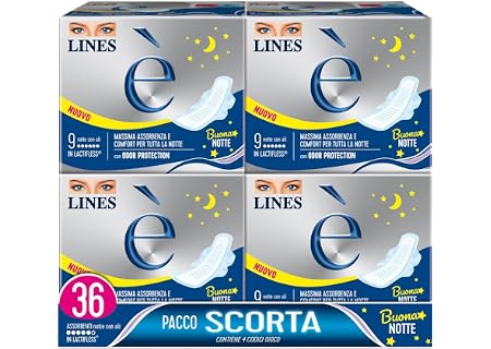 Assorbenti LINES È NOTTE con ali x36 pezzi per ciclo mestruale | l'unico assorbente con struttura in Lactifless, assorbenza e comfort…