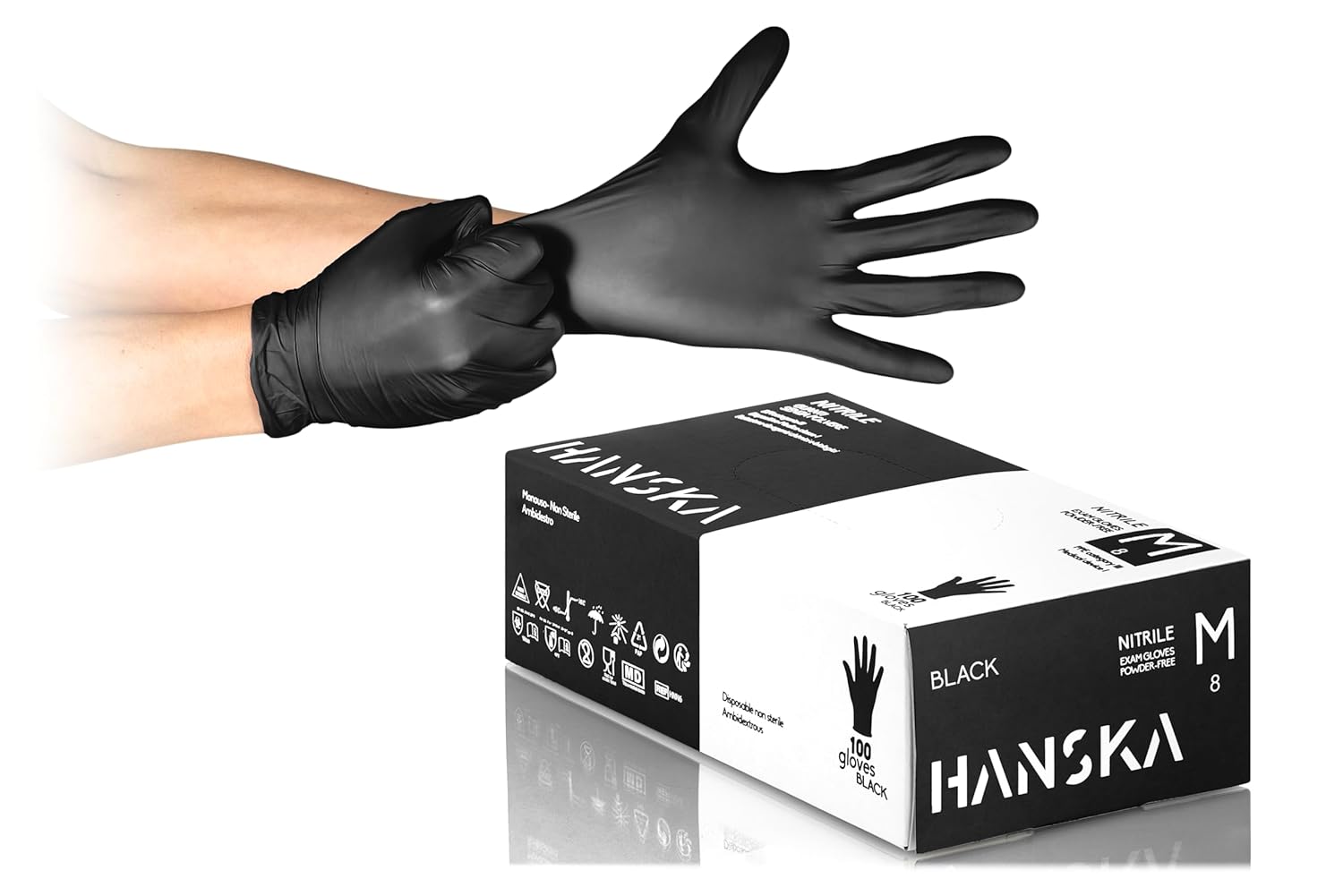 Confezione da 100 guanti monouso in nitrile nero HANSKA, scatola dal design moderno ed elegante.