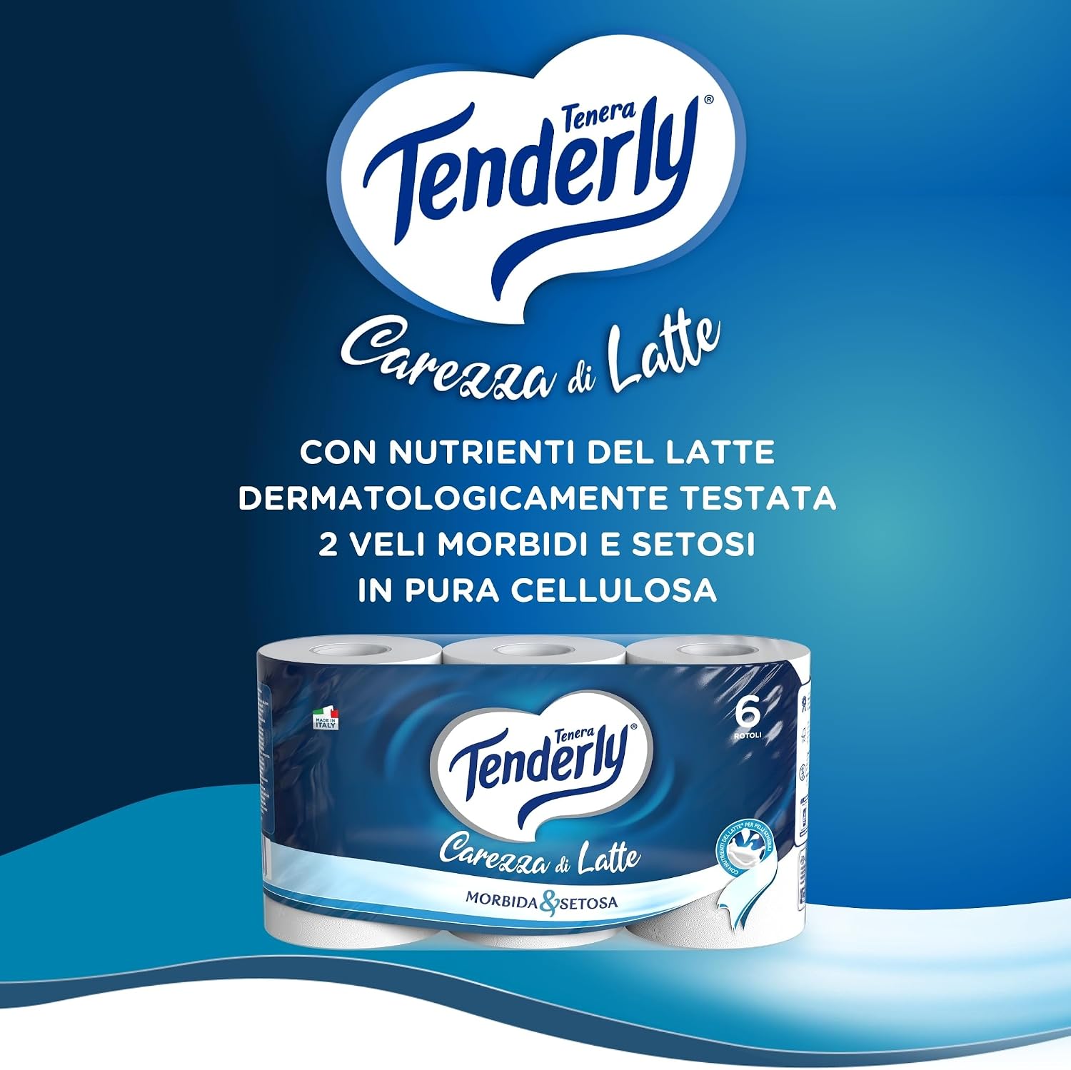 Tenderly Carezza di Latte, 6 Rotoli di Carta Igienica Morbidissima 2 Veli, Realizzata con Fibre 100% Naturali di Latte, Made in Italy