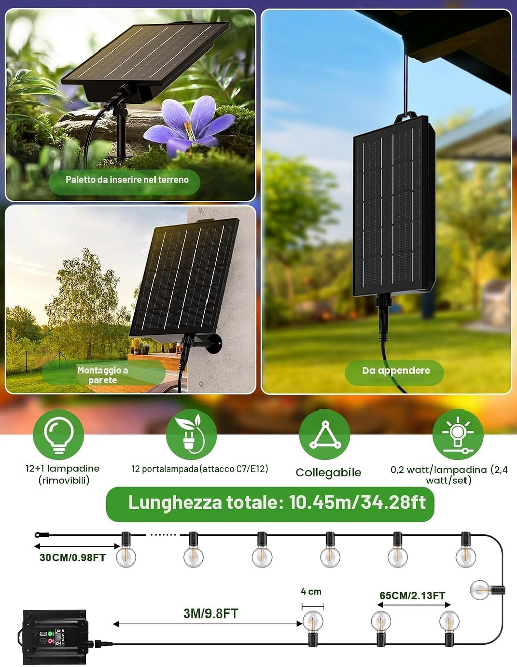 FIFlying Catena Luminosa Esterno Solare 10.45M Luci Solari da Giardino con 12+1 Lampadine LED G40 Impermeabile Luci Gazebo…