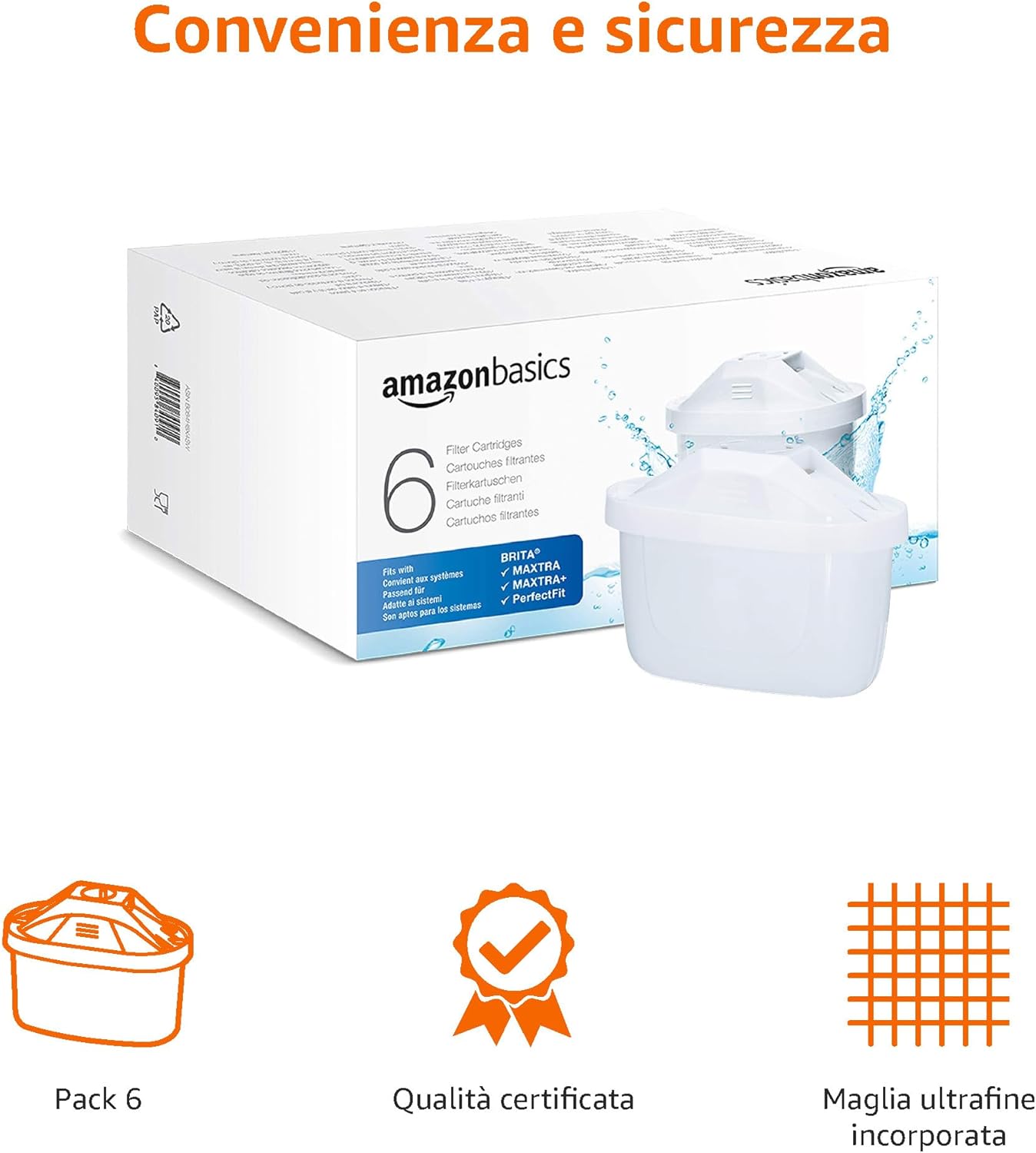 Amazon Basics Filtri per acqua, adatto e compatibile con tutte le caraffe BRITA, incluse le PerfectFit, 6 unità, confezione da 1