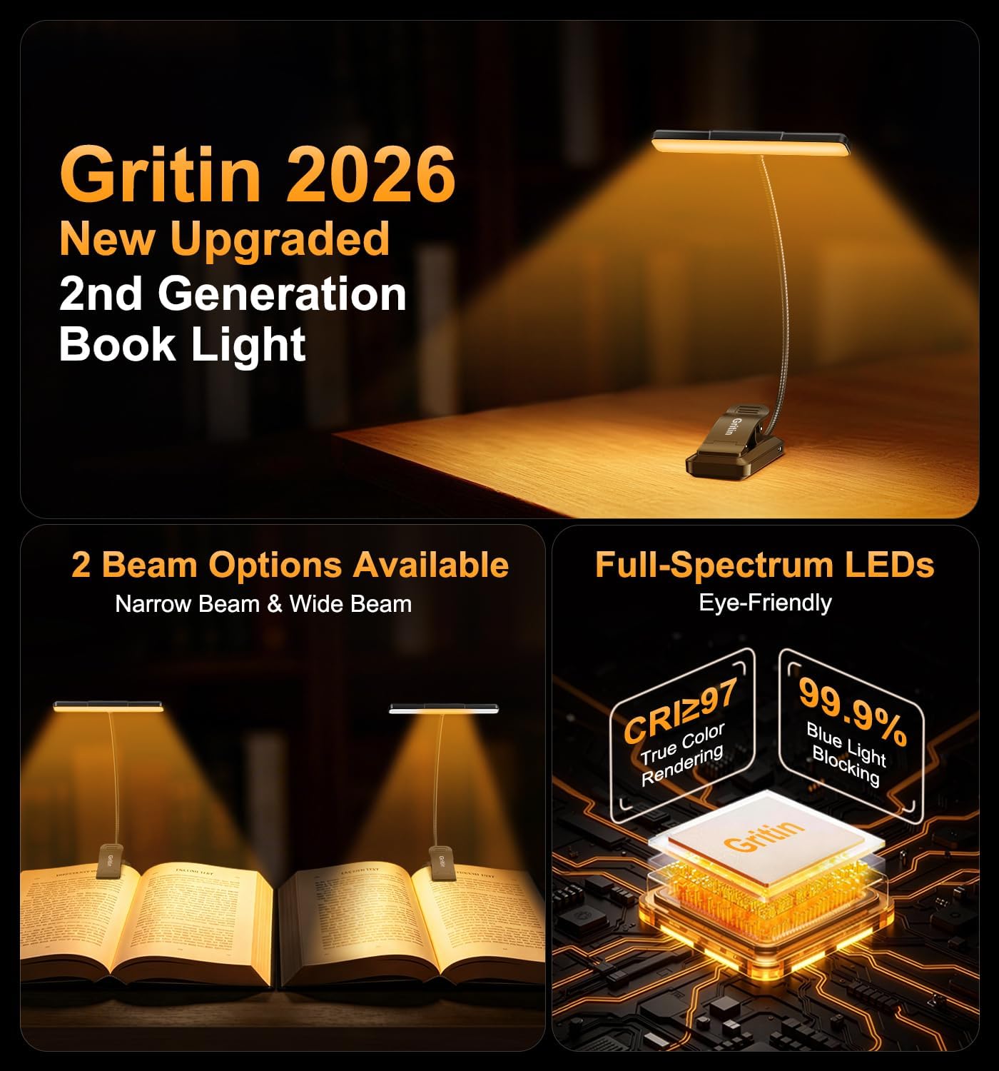 Gritin 2026 2a Gen Luce per Lettura Libri a Letto- 32 LED Spettro Completo | 5 Colori & 5 Luminosità, Fascio Regolabile Largo/Stretto,…