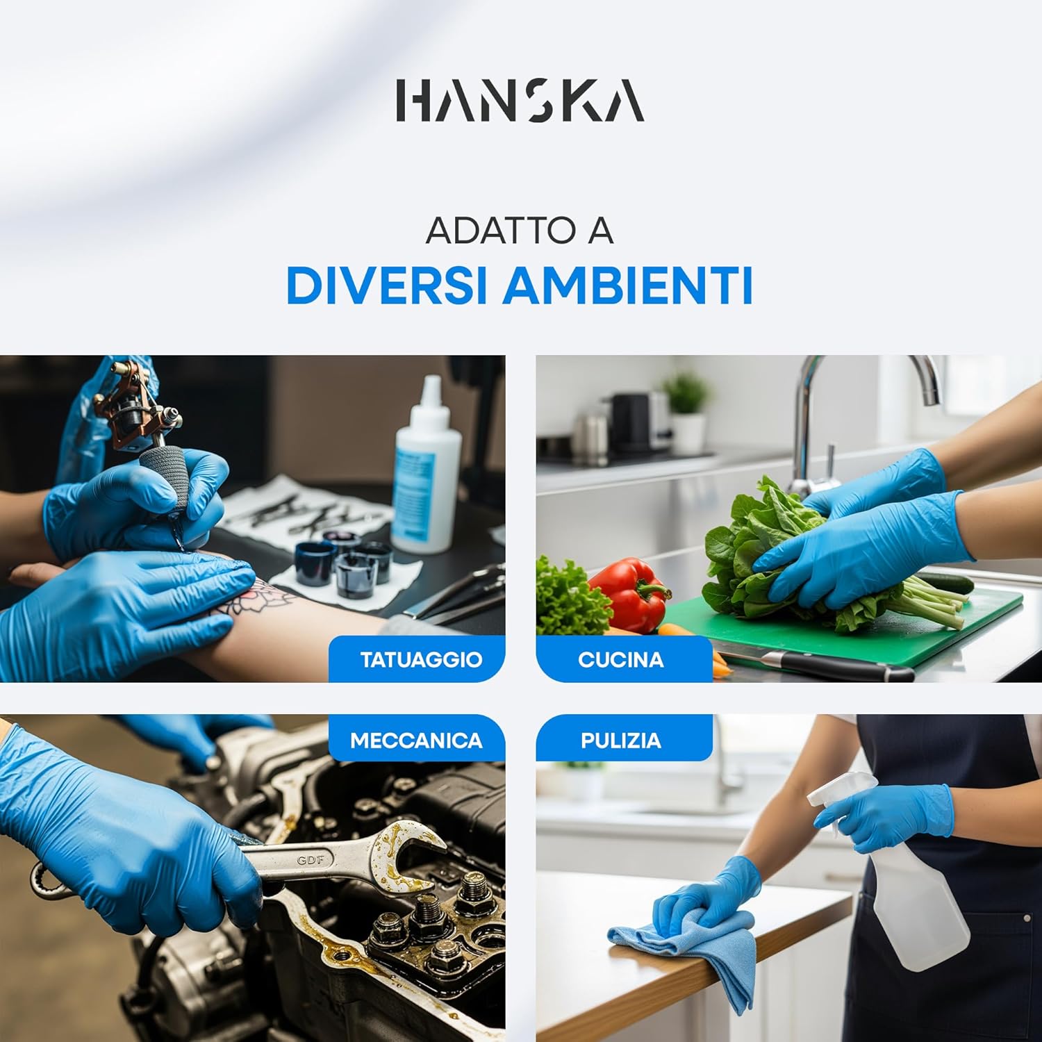 HANSKA 100 Guanti Monouso Nitrile Blu - Senza Polvere - Usa e Getta- Ambidestri - Non Sterili - Base di Gomma - Adatti per…