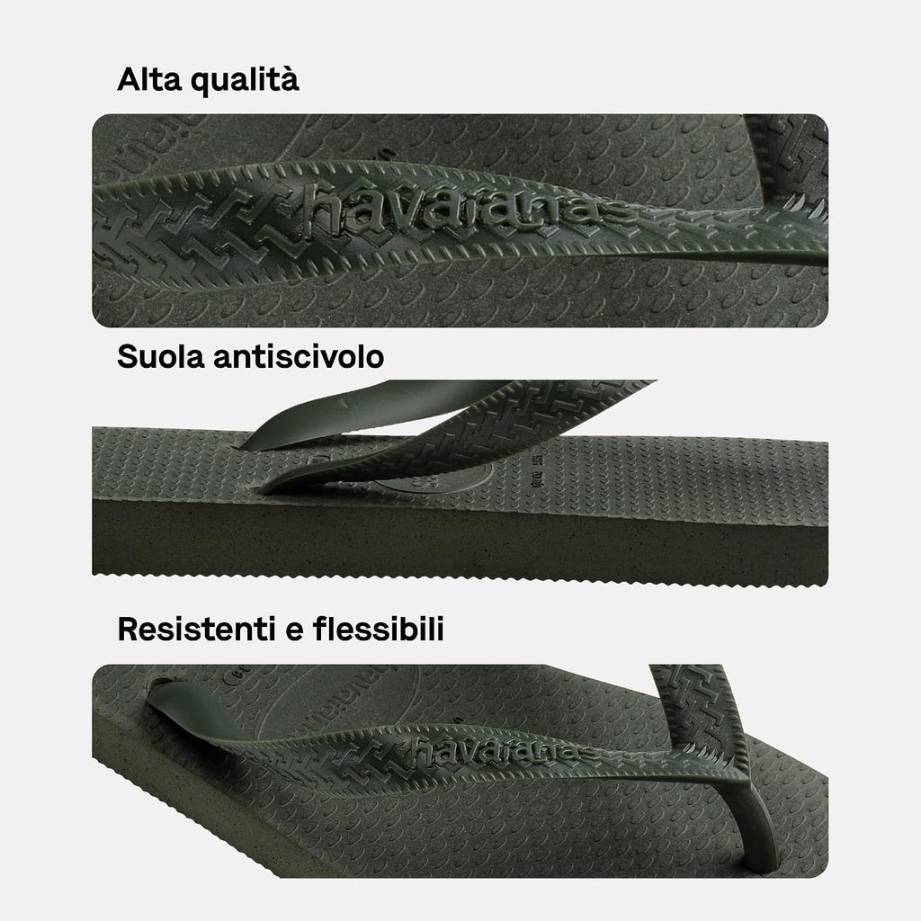 Primo piano della suola interna con texture a grana di riso antiscivolo delle infradito Havaianas.