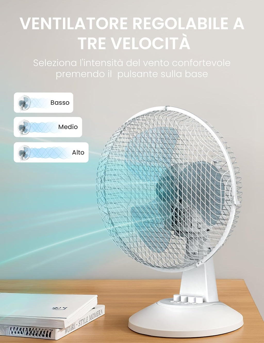 Dettaglio delle tre pale e della griglia di protezione del ventilatore Comfee