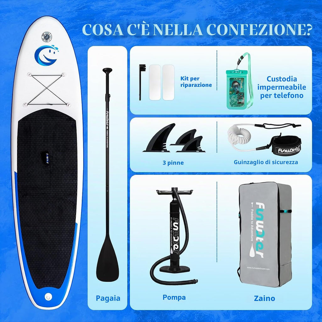 FunWater Sup Gonfiabile Portatile: Tavola Gonfiabile, Pinne, Pompa, Pagaia, Zaino e Guinzaglio di Sicurezza-Ideale per Adulti e…