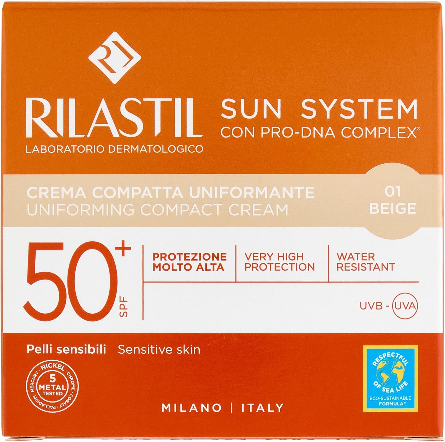 Rilastil Sun System - Base compatta con Spf 50+, corregge le imperfezioni e unifica il tono, resistente all'acqua