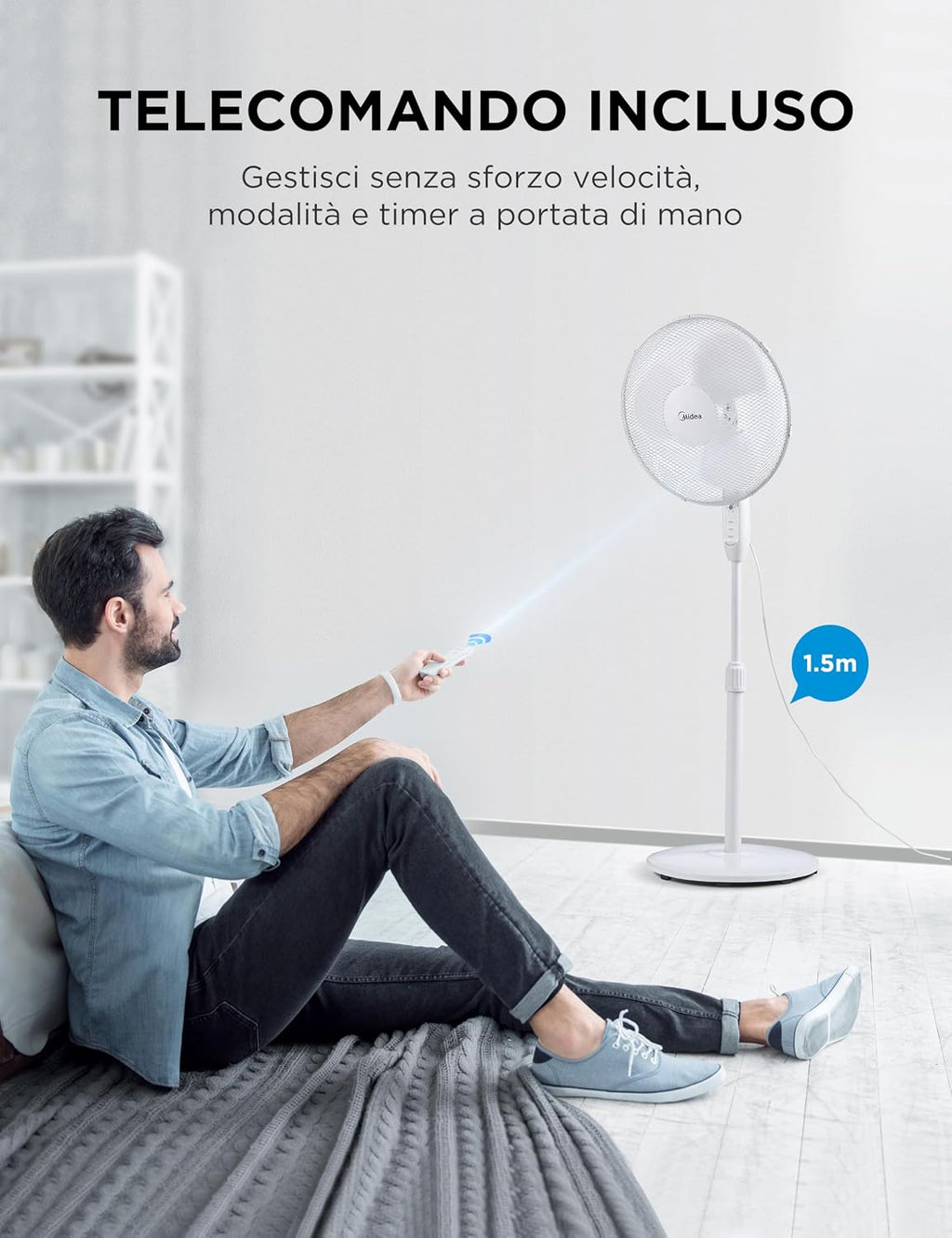 Silhouette of person with Midea MFS400M0APW0 fan blowing air