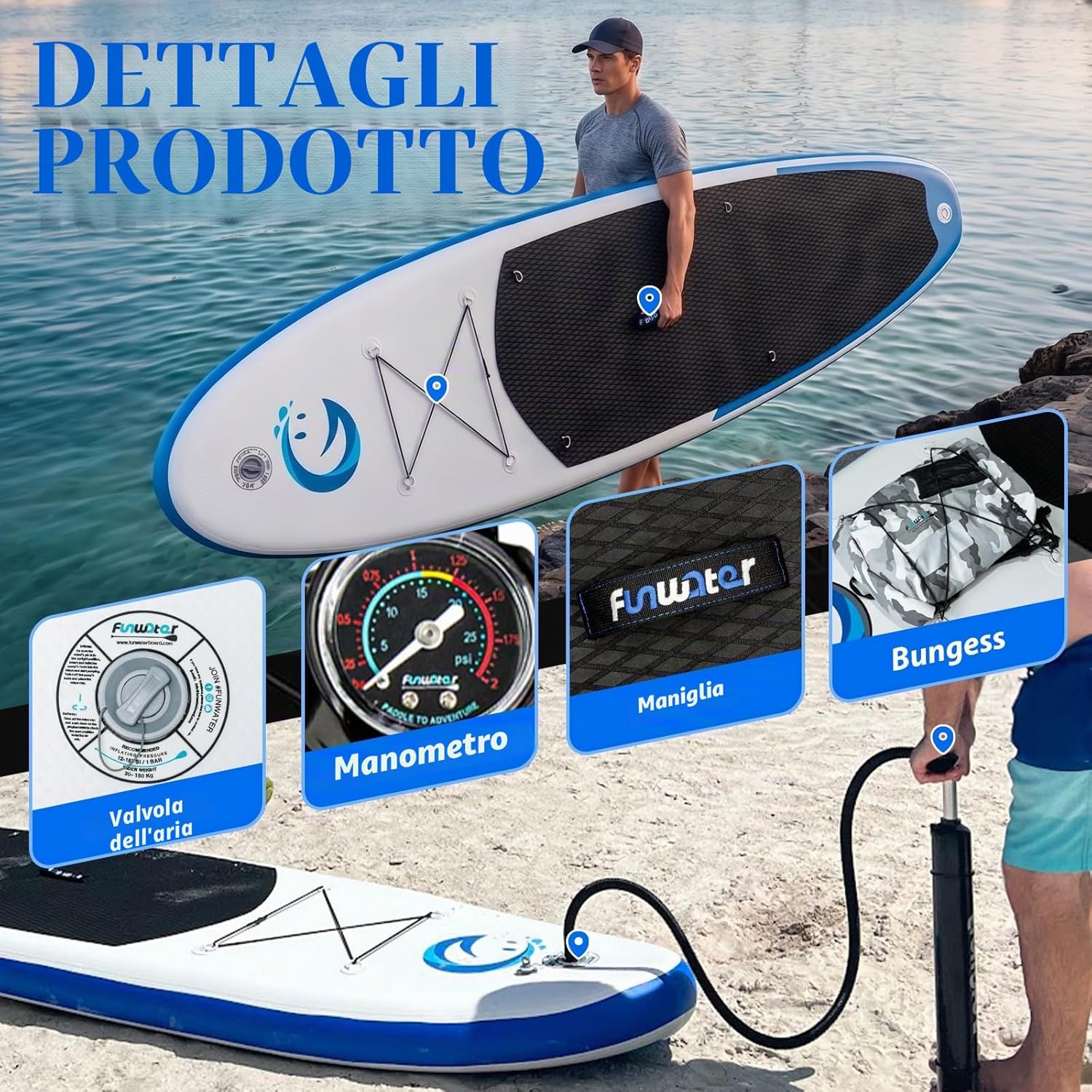 FunWater Sup Gonfiabile Portatile: Tavola Gonfiabile, Pinne, Pompa, Pagaia, Zaino e Guinzaglio di Sicurezza-Ideale per Adulti e…