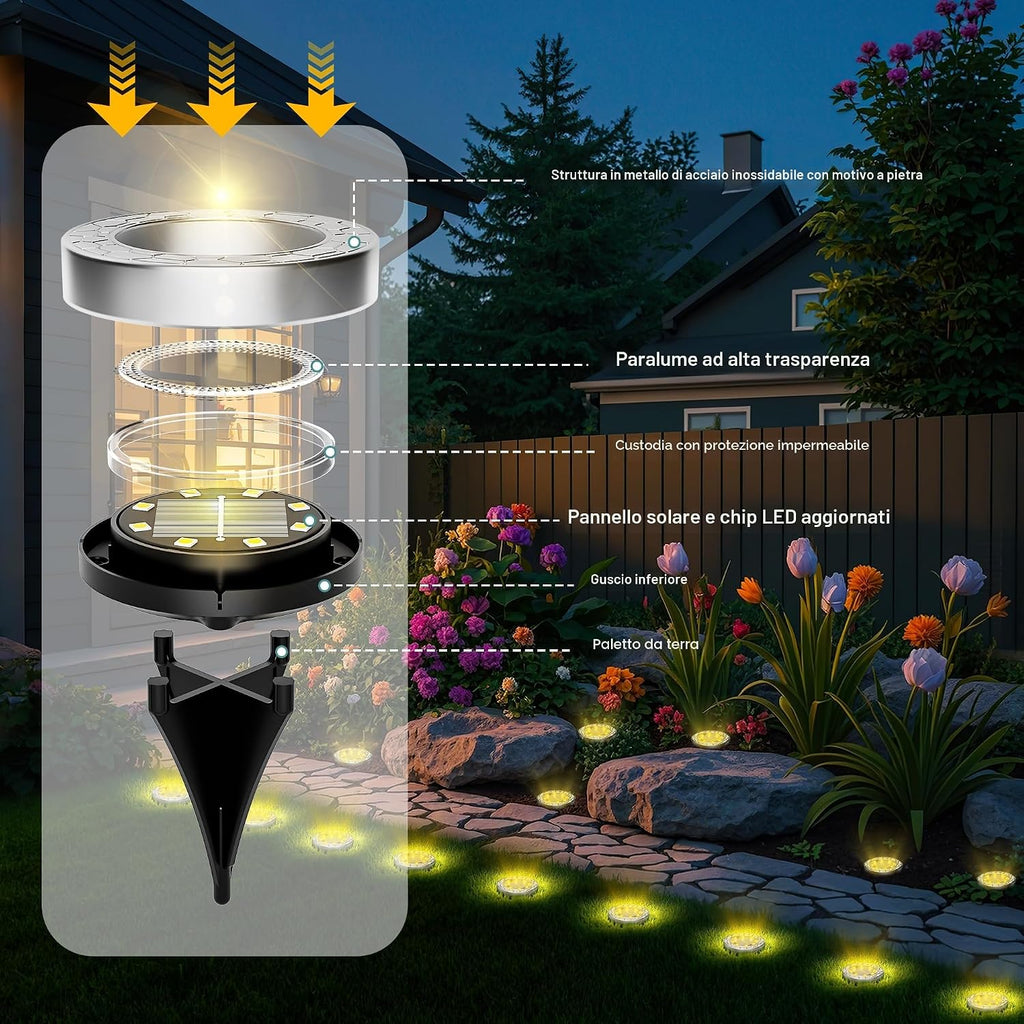FIFlying 10 pezzi Luci Solari da Giardino, 8 LED Lampade Solare da Terra, Acciaio Inossidabile Bianco Caldo Faretti Sepolta…