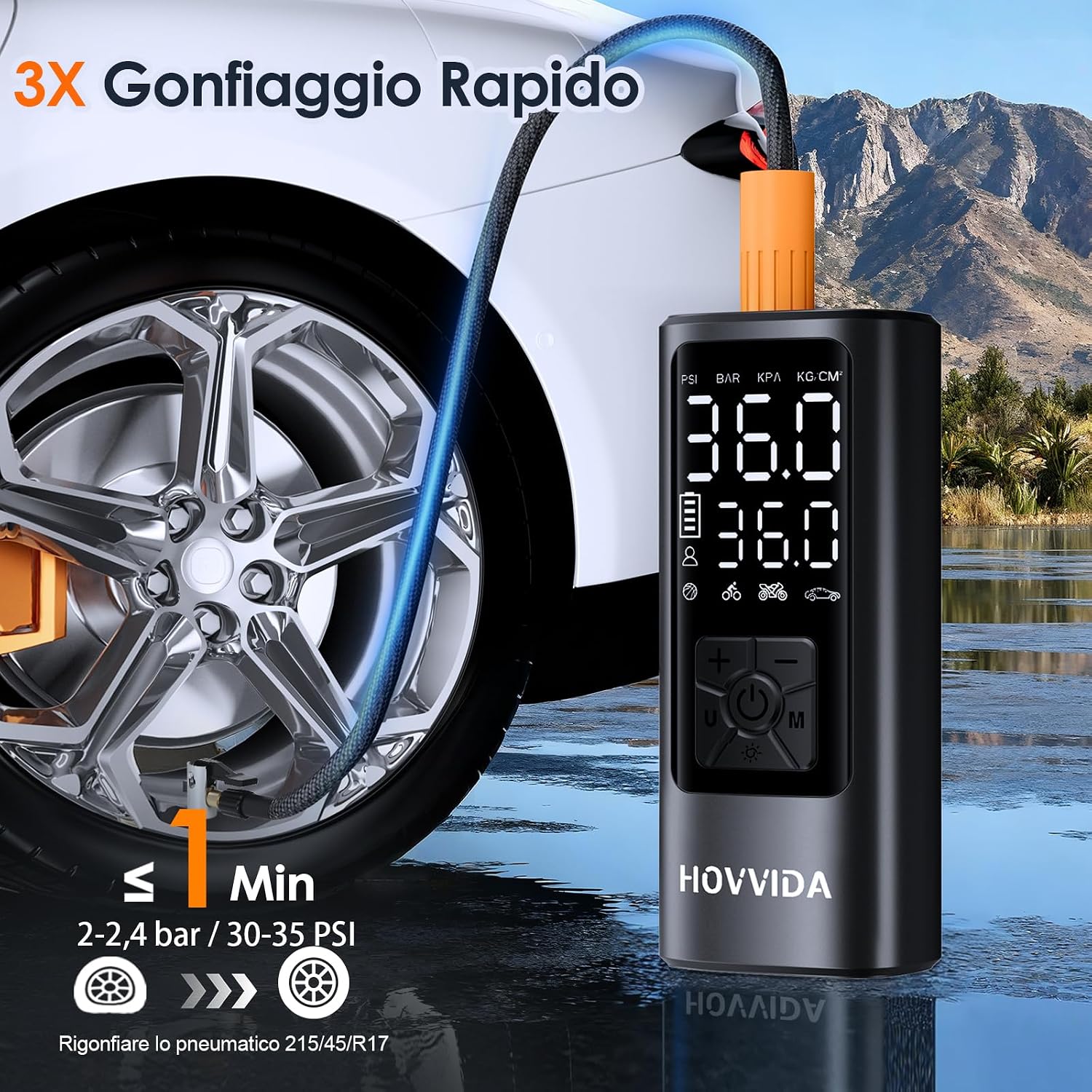HOVVIDA Compressore Aria Portatile, Compressore Portatile, Compressore Portatile Moto, 150 PSI (10,3 Bar) 5V, Inflazione…